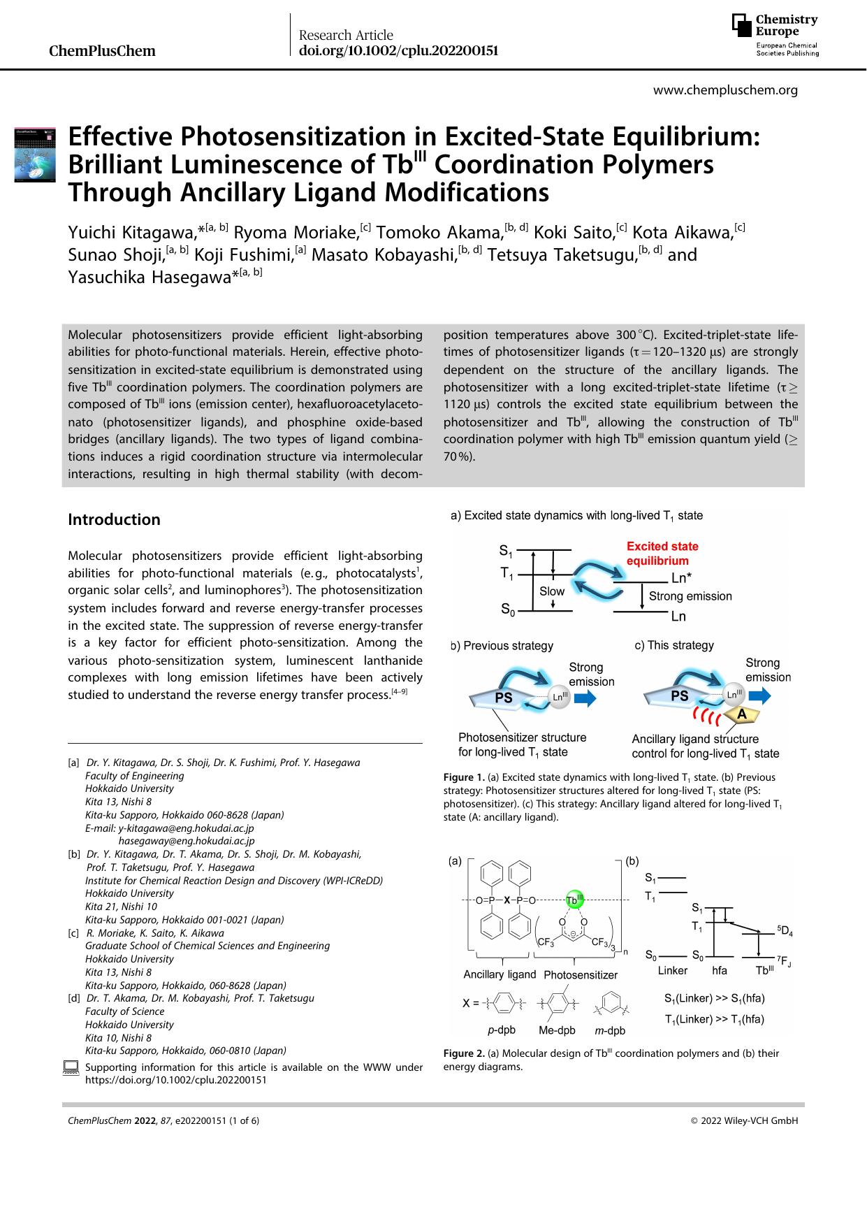 Effective Photosensitization in ExcitedâState Equilibrium: Brilliant Luminescence of TbIII Coordination Polymers Through Ancillary Ligand Modifications by Unknown