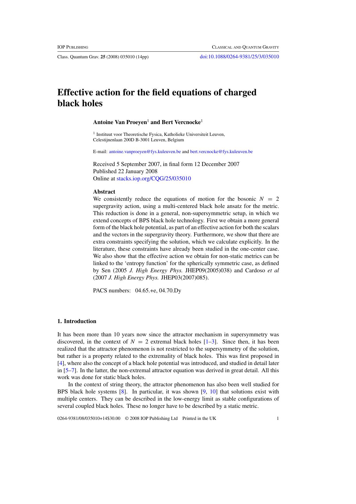 Effective action for the field equations of charged black holes by A van Proeyen and B Vercnocke
