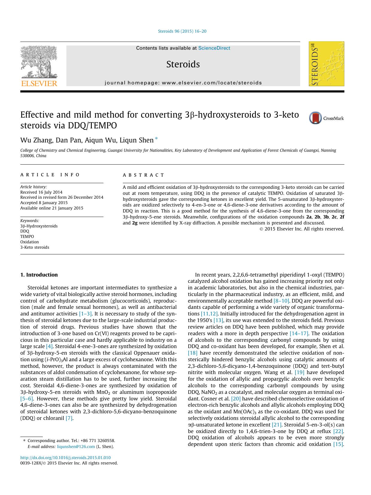 Effective and mild method for converting 3Î²-hydroxysteroids to 3-keto steroids via DDQTEMPO by Wu Zhang & Dan Pan & Aiqun Wu & Liqun Shen