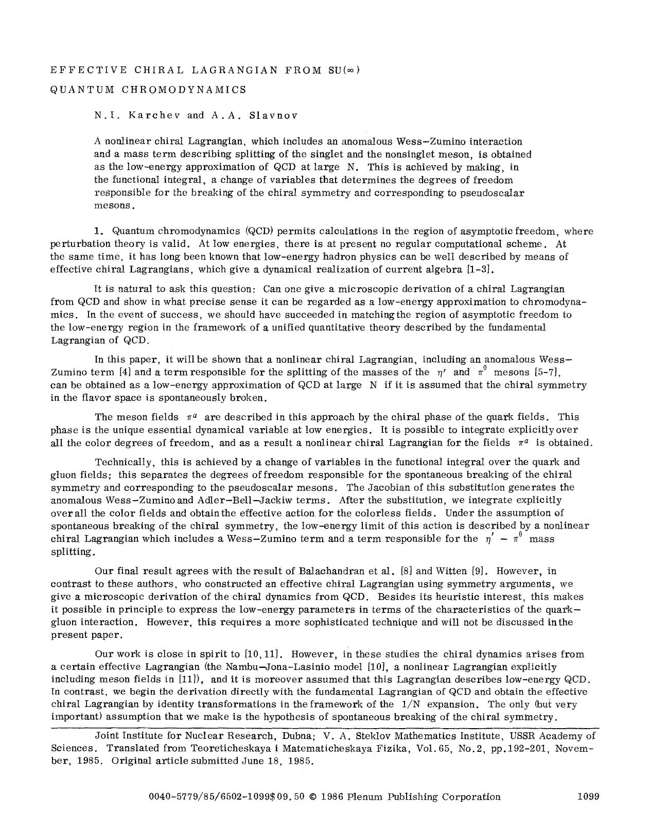 Effective chiral Lagrangian from SU(∞) quantum chromodynamics by Unknown