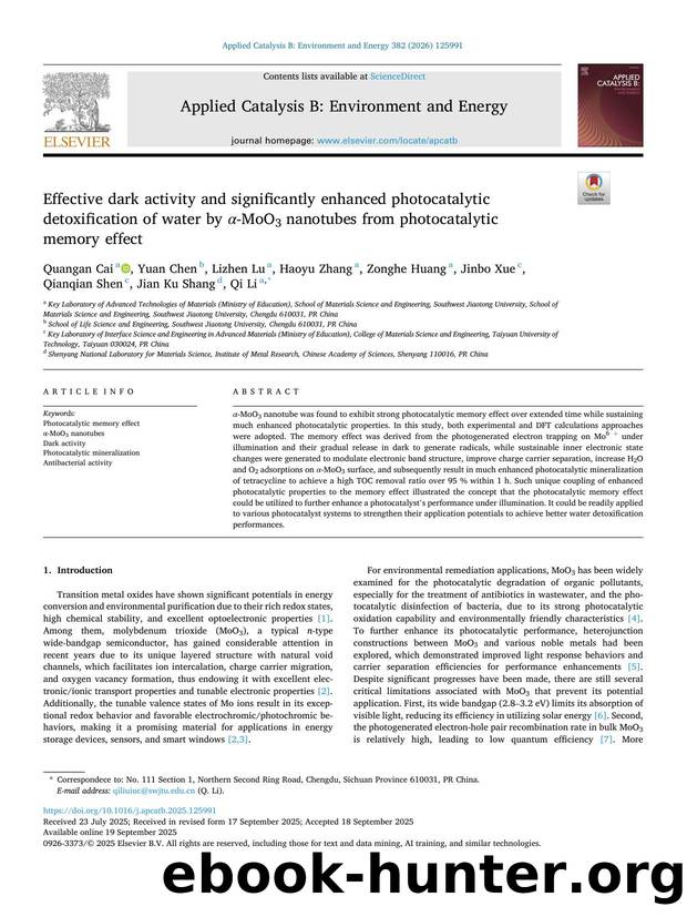 Effective dark activity and significantly enhanced photocatalytic detoxification of water by Î± -MoO3 nanotubes from photocatalytic memory effect by unknow