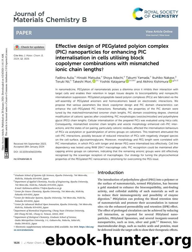 Effective design of PEGylated polyion complex (PIC) nanoparticles for enhancing PIC internalisation in cells utilising block copolymer combinations with mismatched ionic chain lengths by unknow