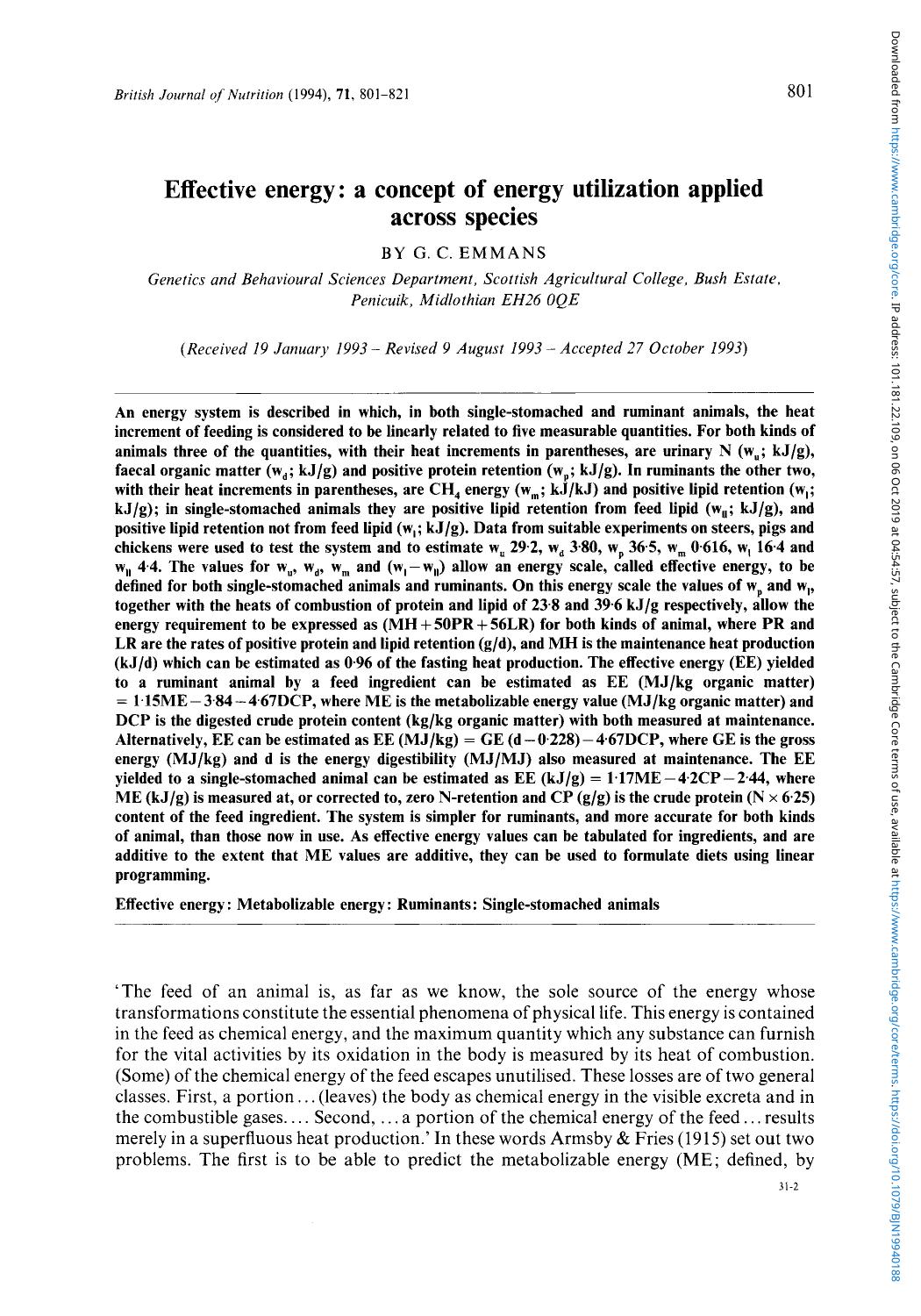Effective energy: a concept of energy utilization applied across species by G.C. Emmans