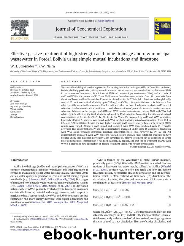 Effective passive treatment of high-strength acid mine drainage and raw municipal wastewater in PotosÃ­, Bolivia using simple mutual incubations and limestone by W.H. Strosnider; R.W. Nairn