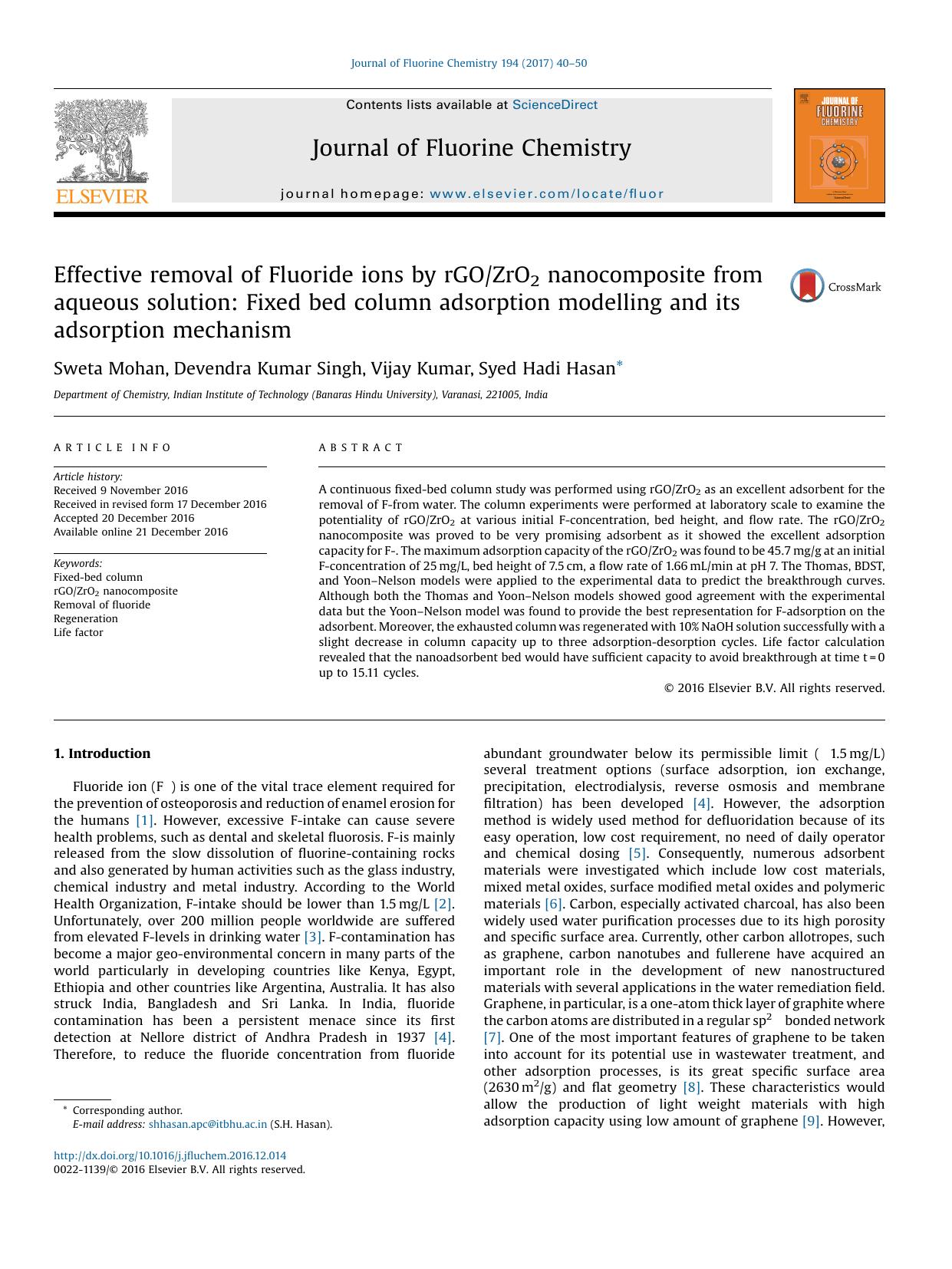 Effective removal of Fluoride ions by rGOZrO2 nanocomposite from aqueous solution: Fixed bed column adsorption modelling and its adsorption mechanism by Sweta Mohan & Devendra Kumar Singh & Vijay Kumar & Syed Hadi Hasan