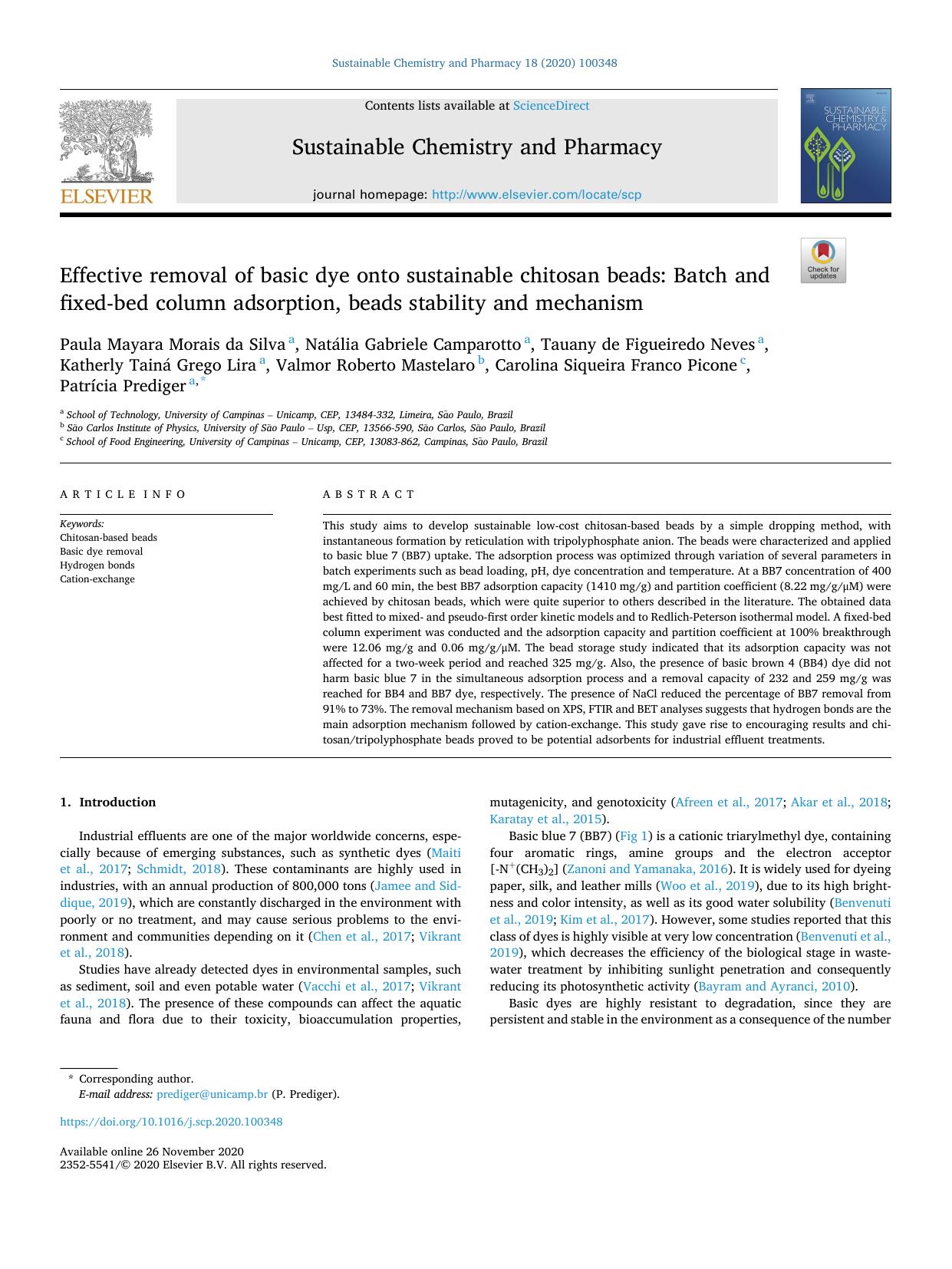 Effective removal of basic dye onto sustainable chitosan beads: Batch and fixed-bed column adsorption, beads stability and mechanism by unknow