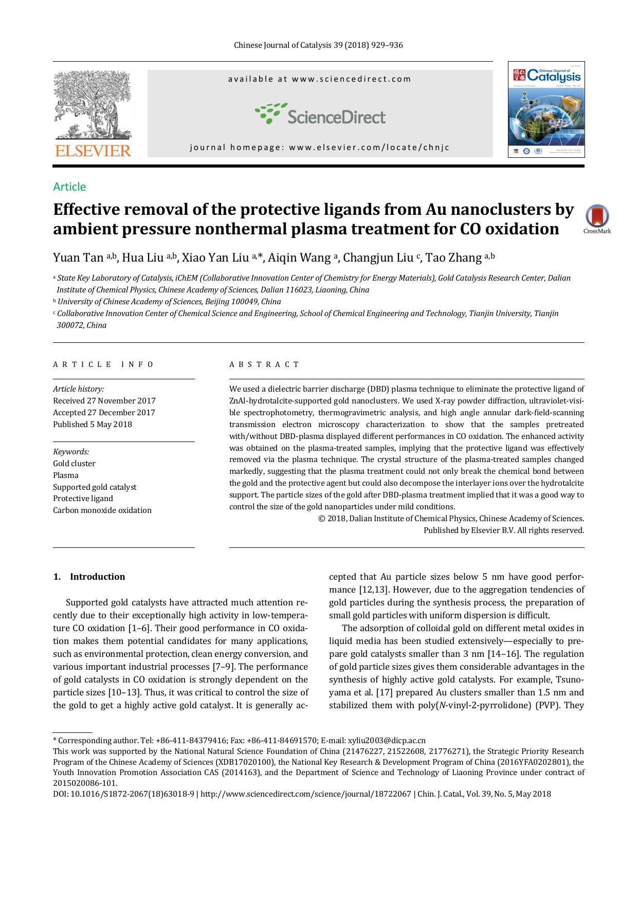 Effective removal of the protective ligands from Au nanoclusters by ambient pressure nonthermal plasma treatment for CO oxidation by Yuan Tan & Hua Liu & Xiao Yan Liu & Aiqin Wang & Changjun Liu & Tao Zhang