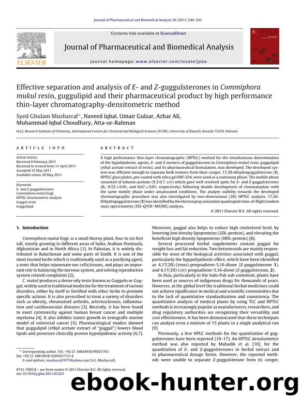 Effective separation and analysis of E- and Z-guggulsterones in Commiphora mukul resin, guggulipid and their pharmaceutical product by high performance thin-layer chromatography-densitometric method by Syed Ghulam Musharraf