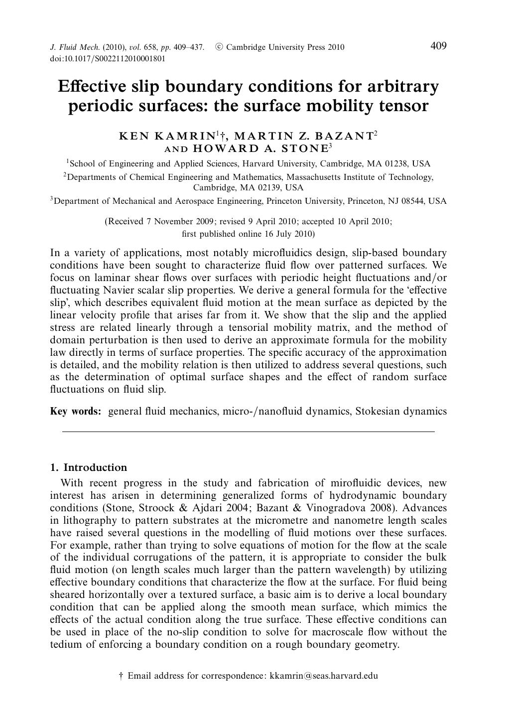 Effective slip boundary conditions for arbitrary periodic surfaces: the surface mobility tensor by KEN KAMRIN MARTIN Z. BAZANT HOWARD A. STONE