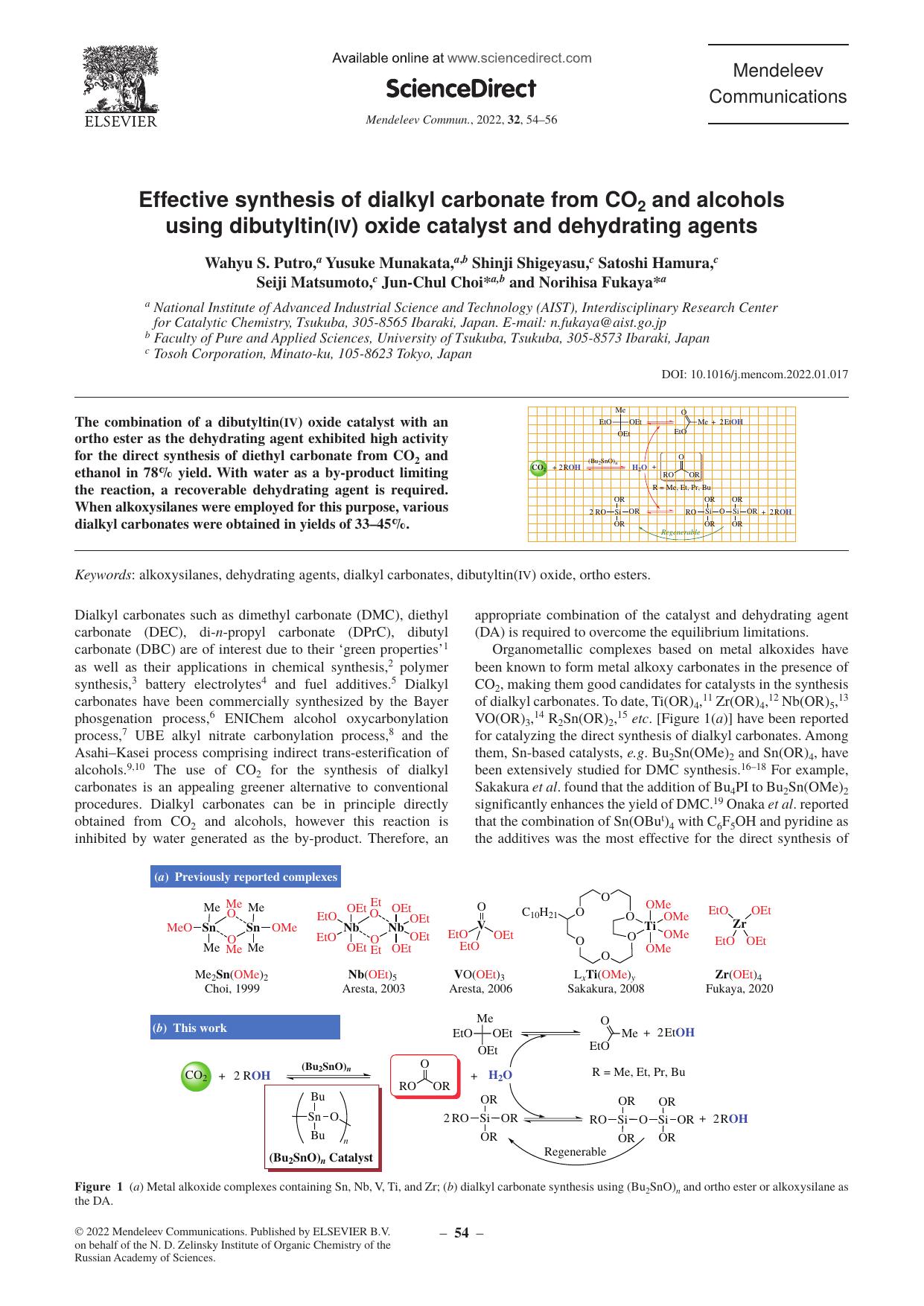 Effective synthesis of dialkyl carbonate from CO2 and alcohols using dibutyltin(IV) oxide catalyst and dehydrating agents by unknow