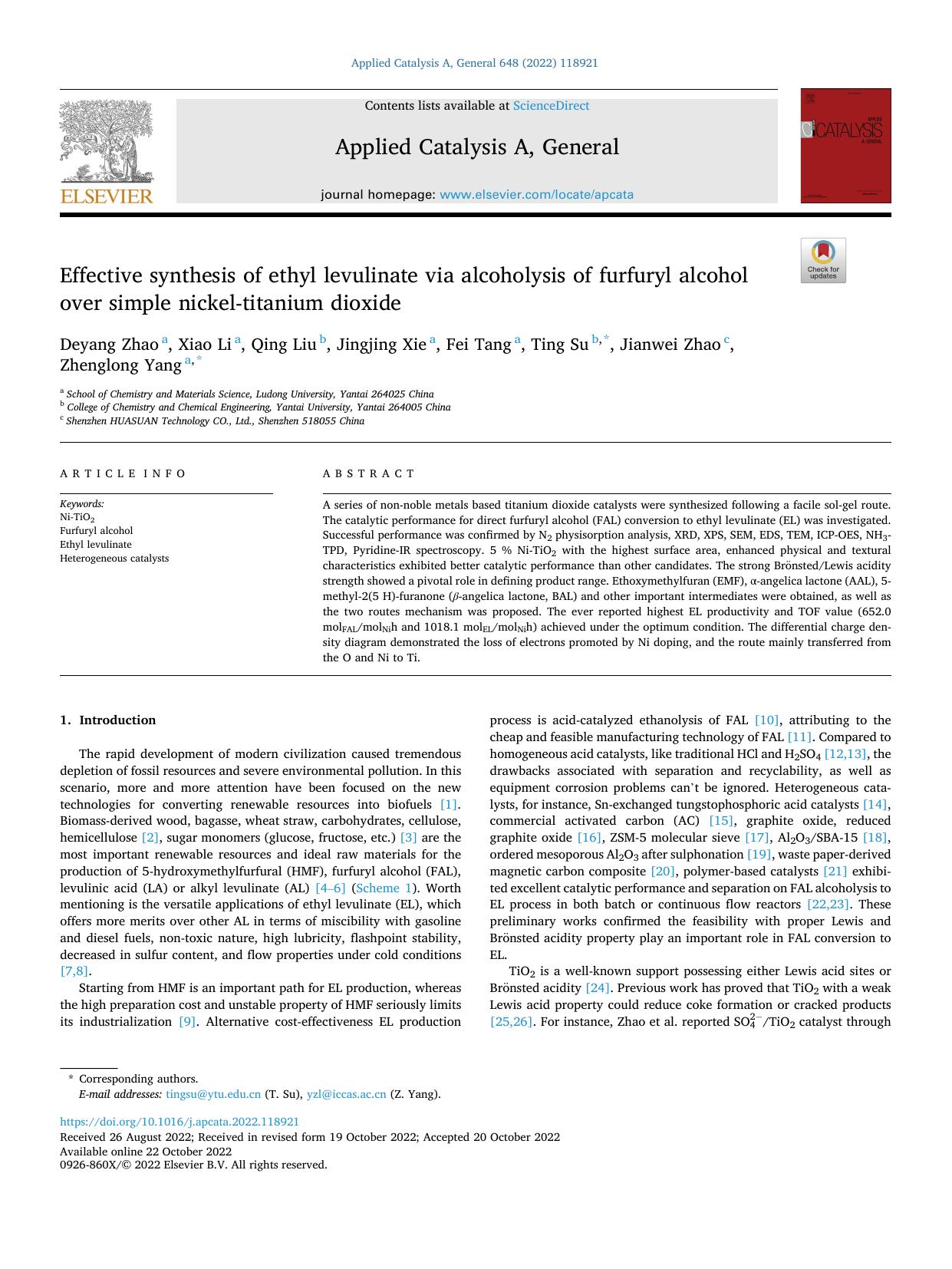 Effective synthesis of ethyl levulinate via alcoholysis of furfuryl alcohol over simple nickel-titanium dioxide by Deyang Zhao & Xiao Li & Qing Liu & Jingjing Xie & Fei Tang & Ting Su & Jianwei Zhao & Zhenglong Yang