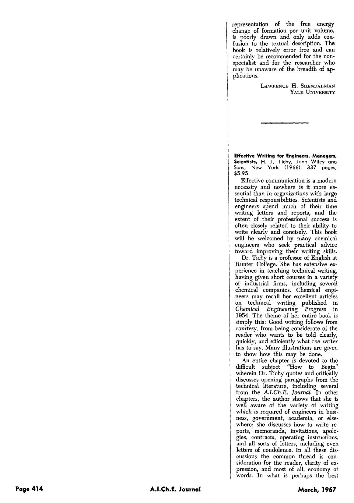 Effective writing for engineers, managers, scientists, H. J. Tichy, John Wiley and Sons, New York (1966). 337 pages, [dollar]5.95 by Unknown