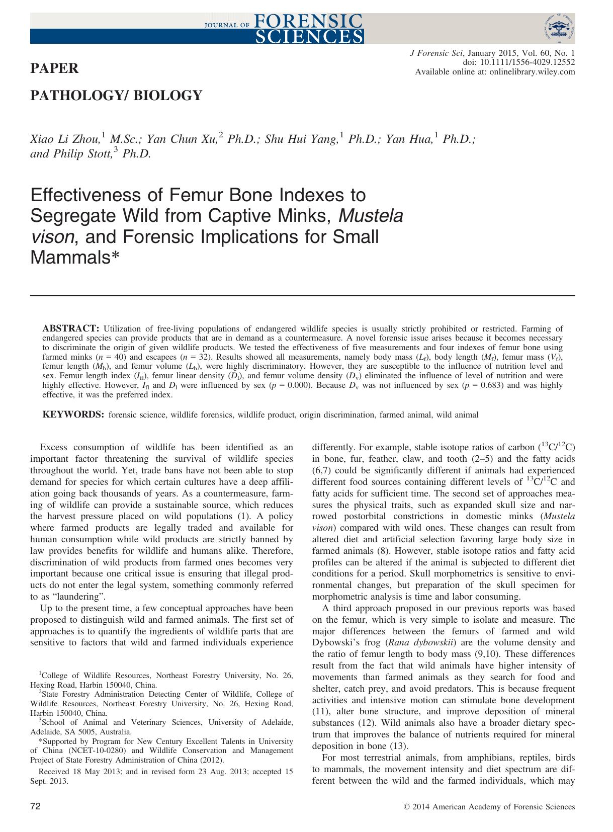 Effectiveness of Femur Bone Indexes to Segregate Wild from Captive Minks, Mustela vison, and Forensic Implications for Small Mammals by Unknown