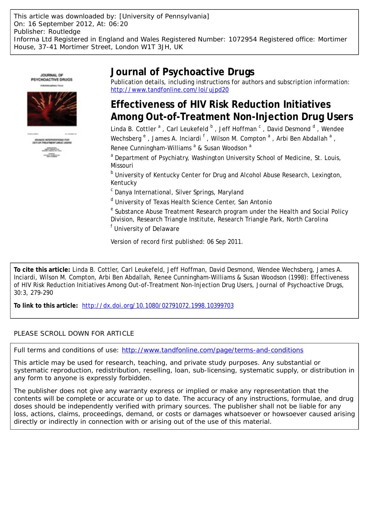 Effectiveness of HIV Risk Reduction Initiatives Among Out-of-Treatment Non-Injection Drug Users by unknow