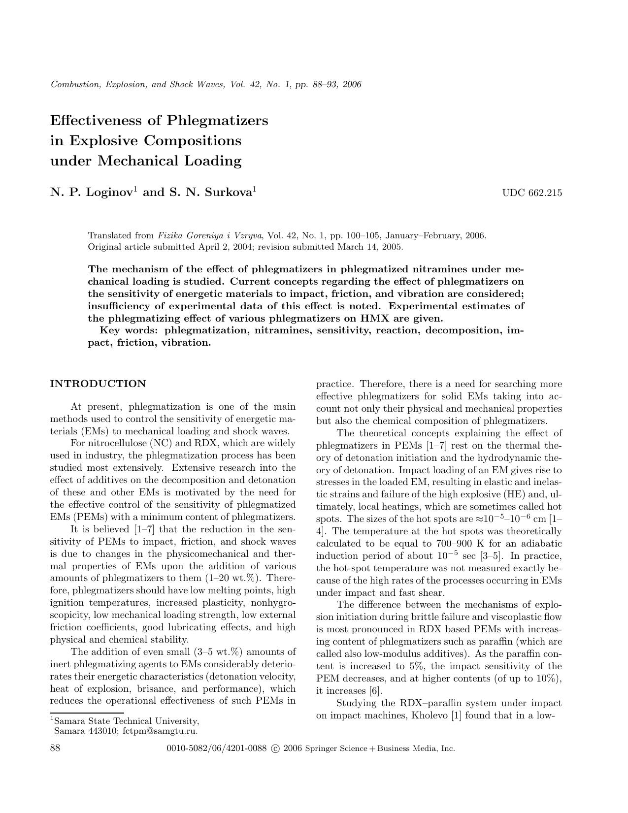 Effectiveness of Phlegmatizers in Explosive Compositions under Mechanical Loading by Unknown