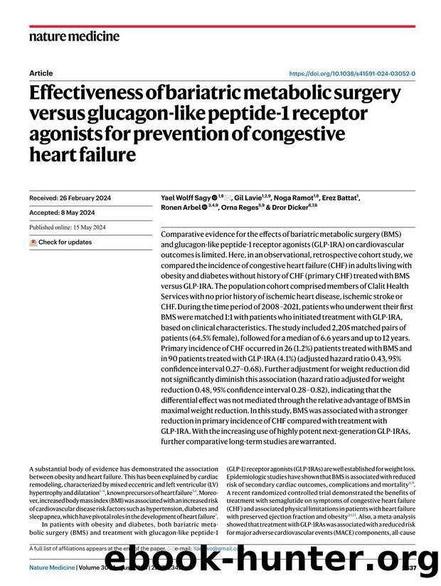 Effectiveness of bariatric metabolic surgery versus glucagon-like peptide-1 receptor agonists for prevention of congestive heart failure by Yael Wolff Sagy & Gil Lavie & Noga Ramot & Erez Battat & Ronen Arbel & Orna Reges & Dror Dicker