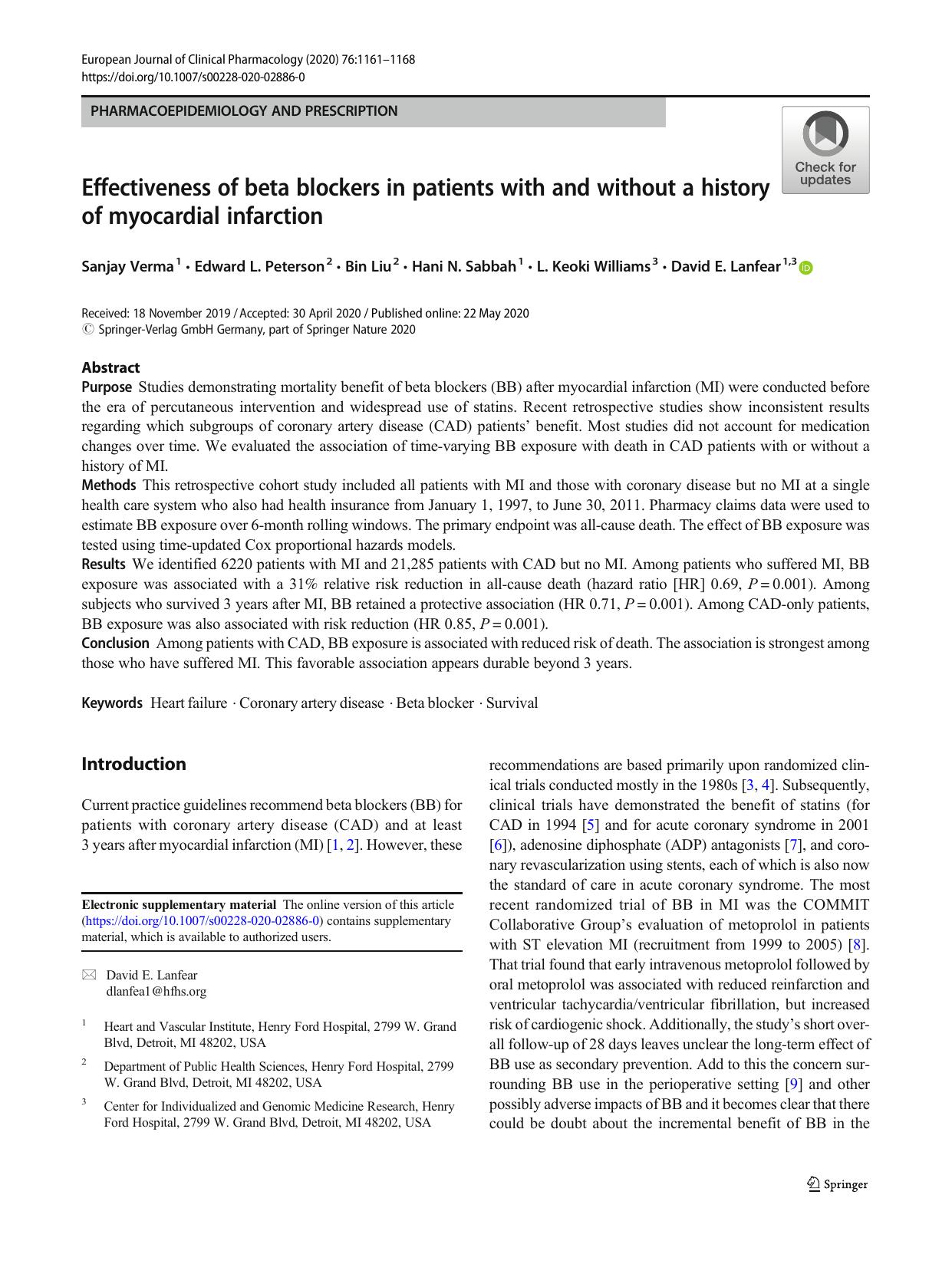 Effectiveness of beta blockers in patients with and without a history of myocardial infarction by Sanjay Verma & Edward L. Peterson & Bin Liu & Hani N. Sabbah & L. Keoki Williams & David E. Lanfear