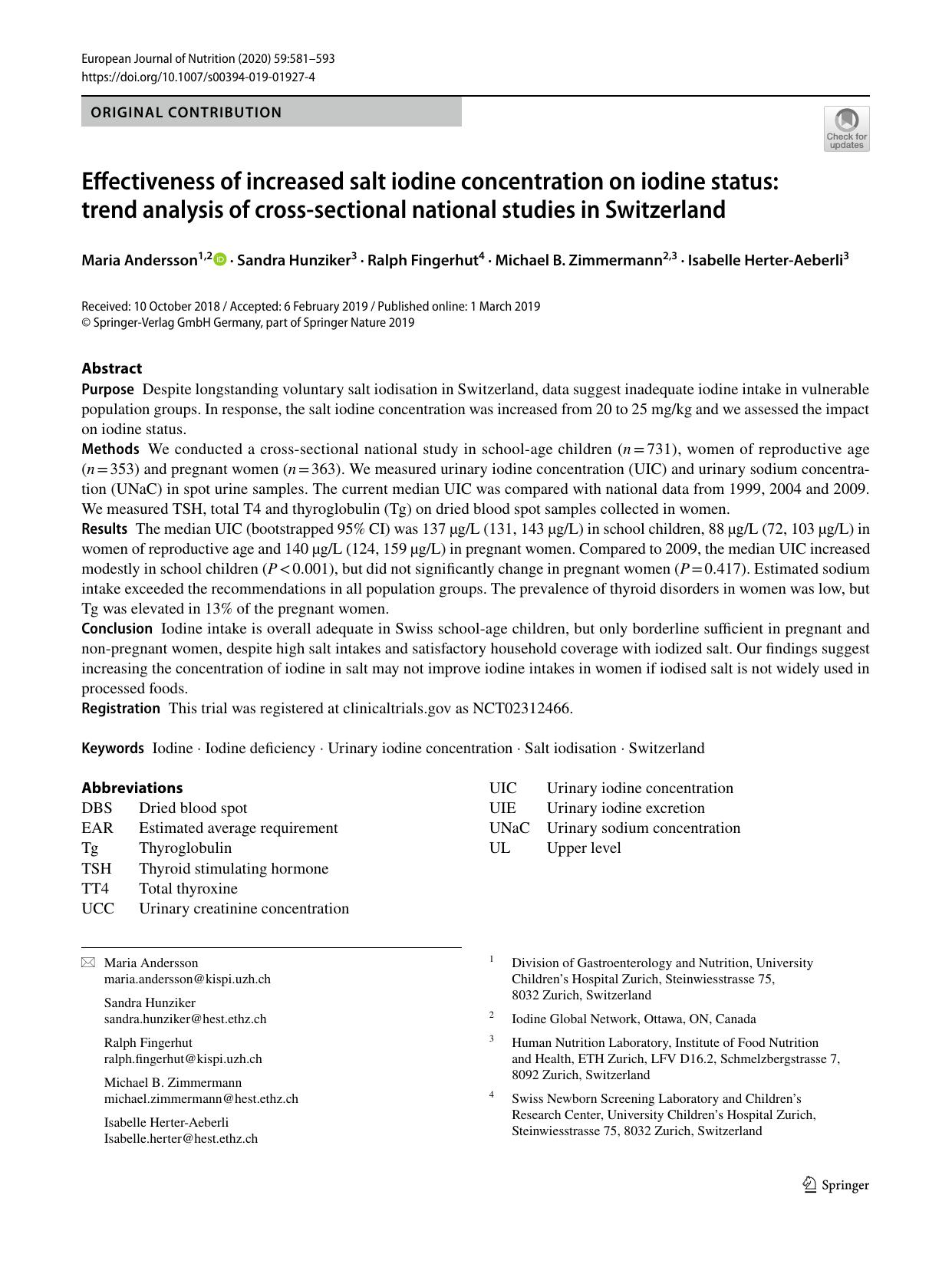 Effectiveness of increased salt iodine concentration on iodine status: trend analysis of cross-sectional national studies in Switzerland by unknow