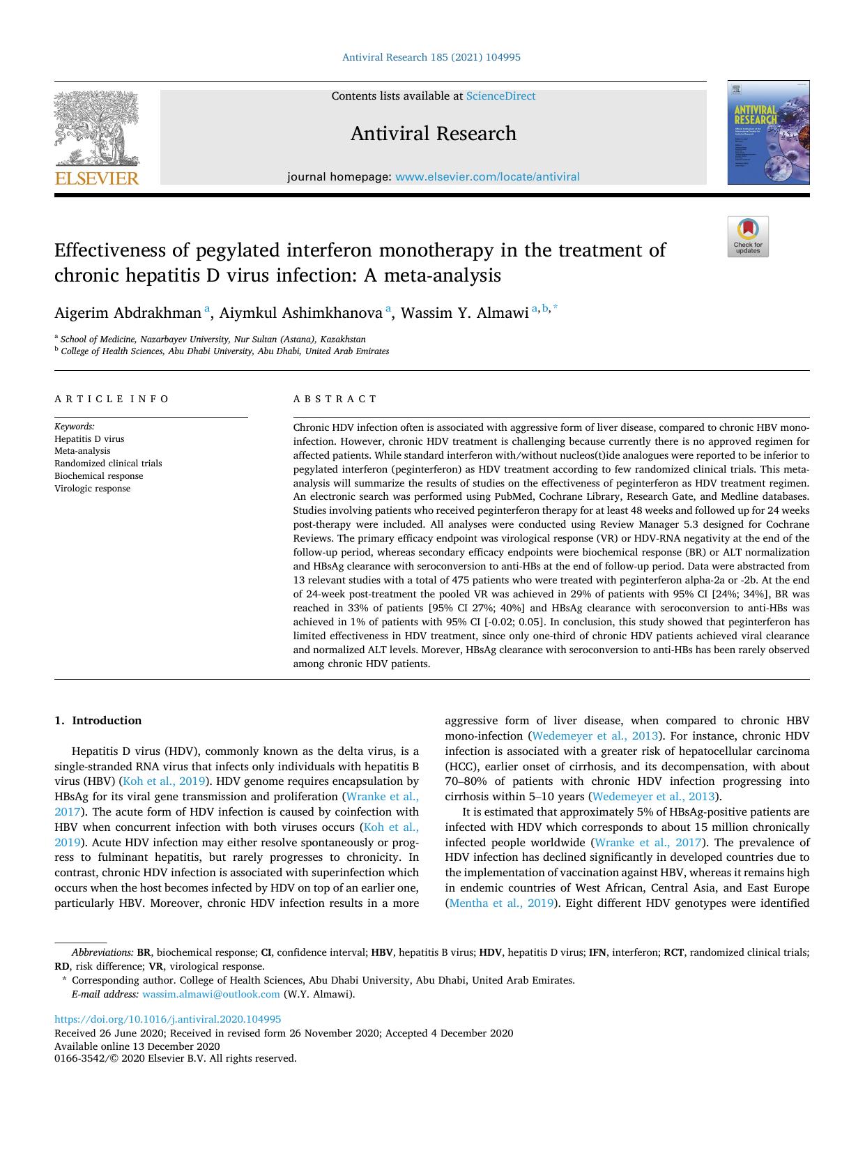 Effectiveness of pegylated interferon monotherapy in the treatment of chronic hepatitis D virus infection: A meta-analysis by Aigerim Abdrakhman & Aiymkul Ashimkhanova & Wassim Y. Almawi