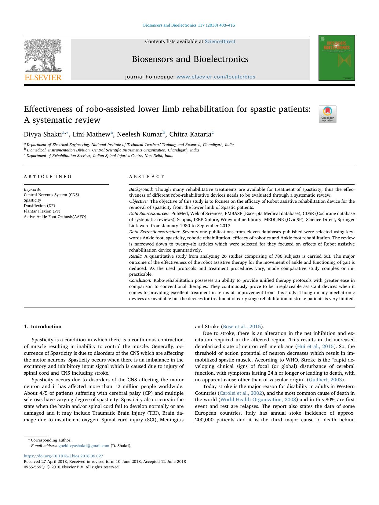 Effectiveness of robo-assisted lower limb rehabilitation for spastic patients_ A systematic review by Divya Shakti & Lini Mathew & Neelesh Kumar & Chitra Kataria