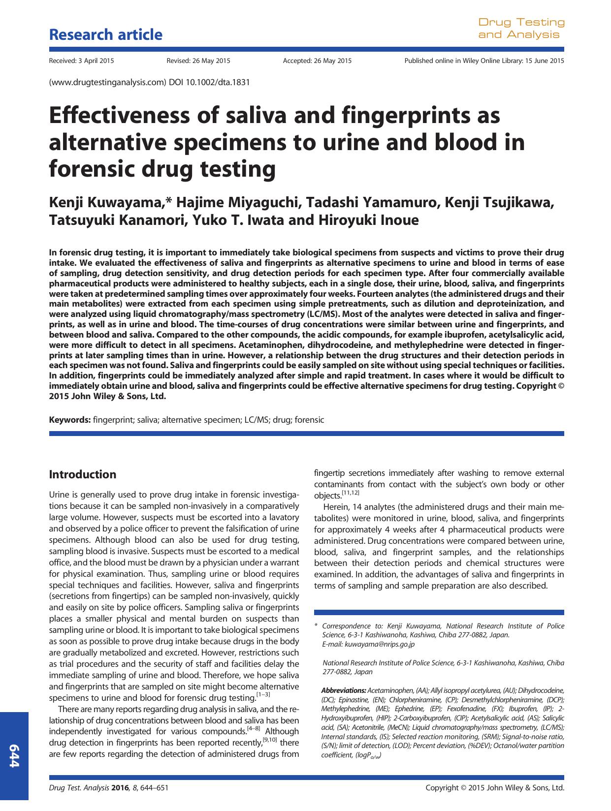 Effectiveness of saliva and fingerprints as alternative specimens to urine and blood in forensic drug testing by unknow