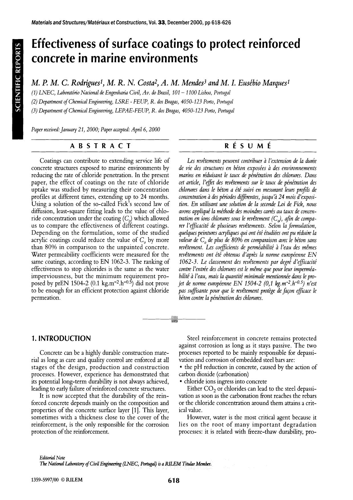 Effectiveness of surface coatings to protect reinforced concrete in marine environments by Unknown