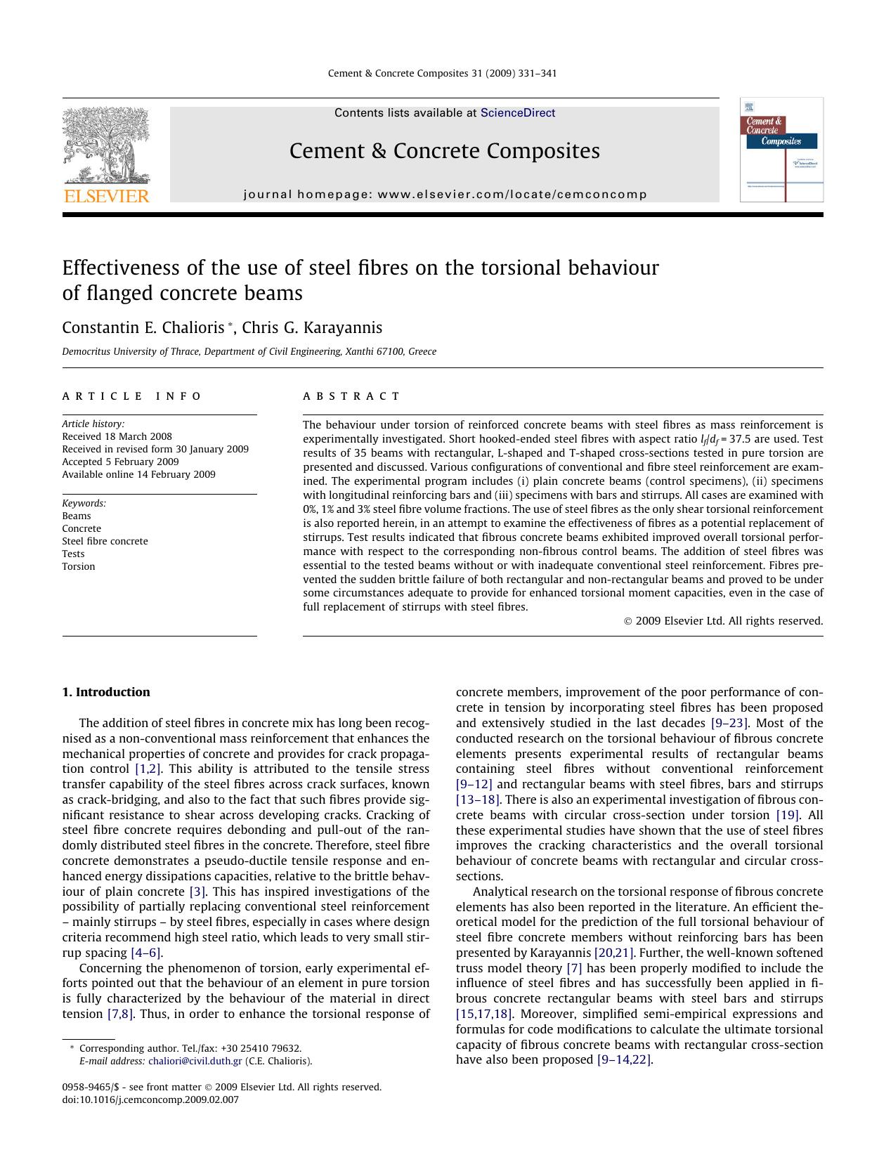 Effectiveness of the use of steel fibres on the torsional behaviour of flanged concrete beams by Constantin E. Chalioris; Chris G. Karayannis