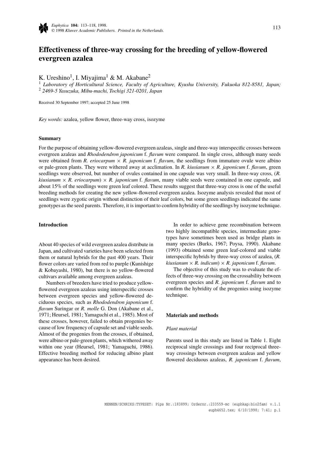 Effectiveness of three-way crossing for the breeding of yellow-flowered evergreen azalea by Unknown