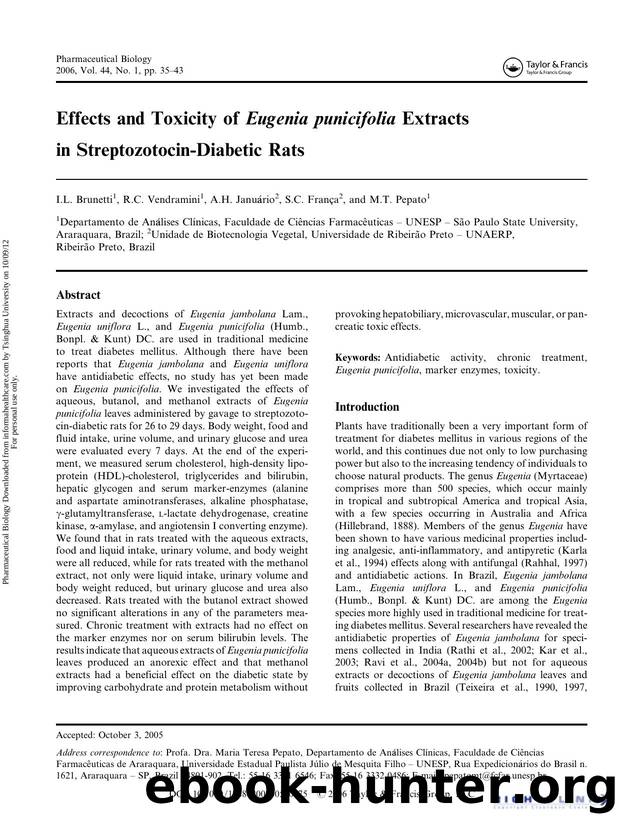 Effects and Toxicity of Eugenia punicifolia. Extracts in Streptozotocin-Diabetic Rats by I.L. Brunetti R.C. Vendramini A.H. Januário S.C. França & M.T. Pepato