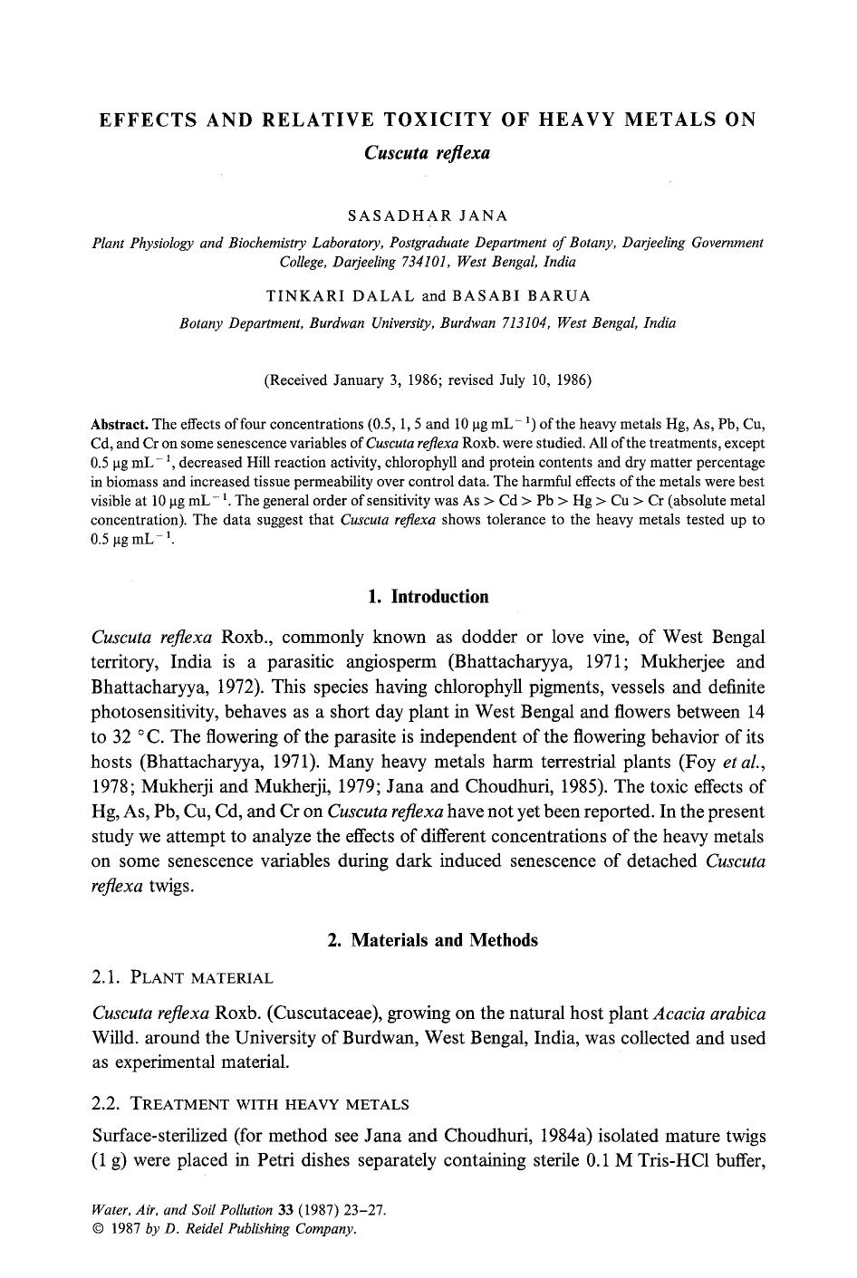 Effects and relative toxicity of heavy metals on <Emphasis Type="Italic">Cuscuta reflexa<Emphasis> by Unknown