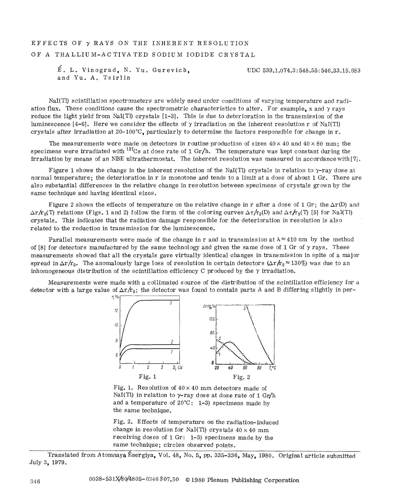 Effects of γ rays on the inherent resolution of a thallium-activated sodium iodide crystal by Unknown