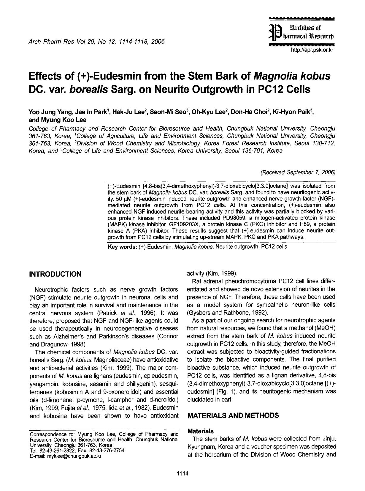 Effects of (+)-eudesmin from the stem bark of <Emphasis Type="Italic">Magnolia kobus <Emphasis> DC. var. <Emphasis Type="Italic">borealis <Emphasis> Sarg. on neurite outgrowth in PC12 cells by Unknown