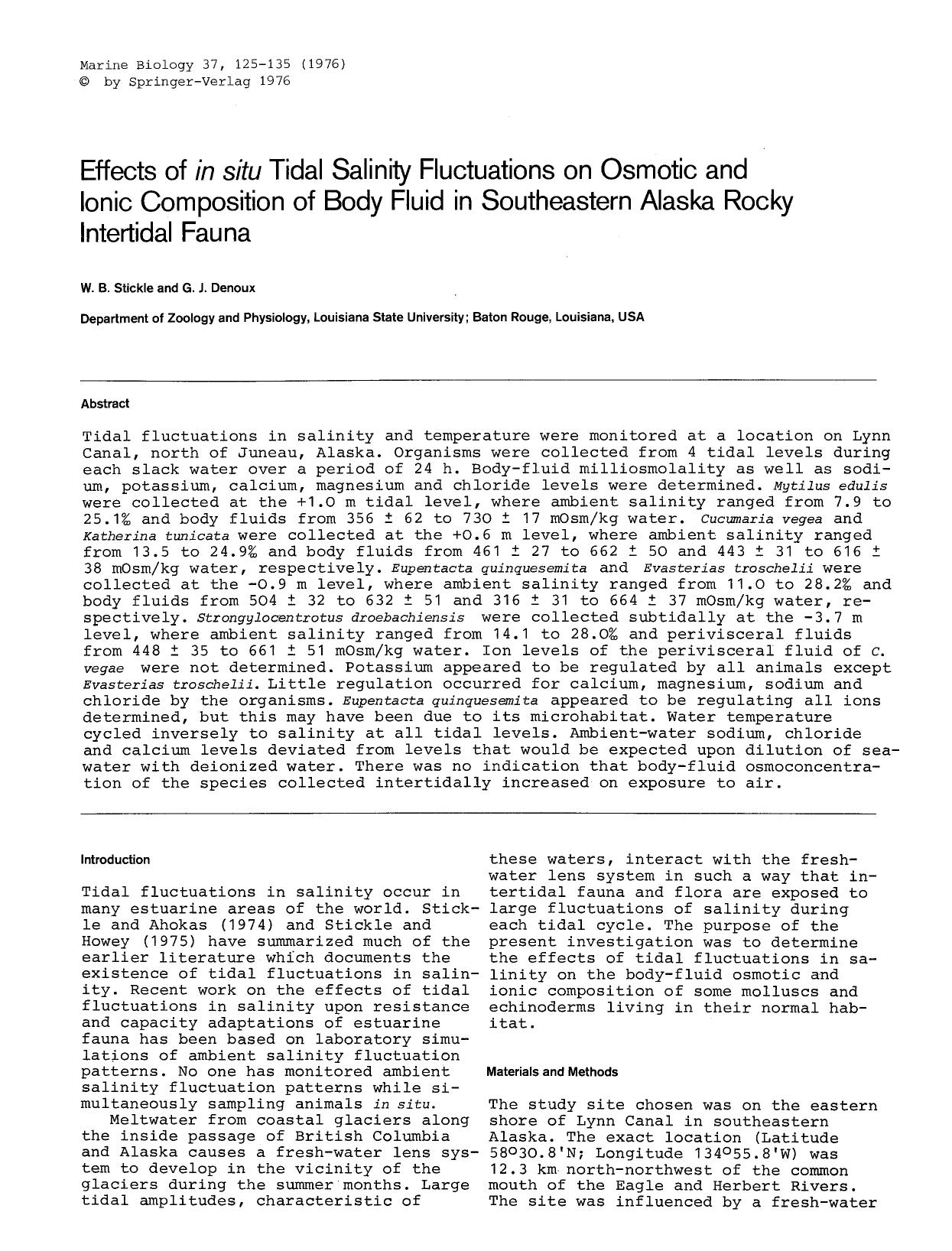 Effects of <Emphasis Type="Italic">in situ<Emphasis> tidal salinity fluctuations on osmotic and lonic composition of body fluid in Southeastern Alaska Rocky intertidal fauna by Unknown