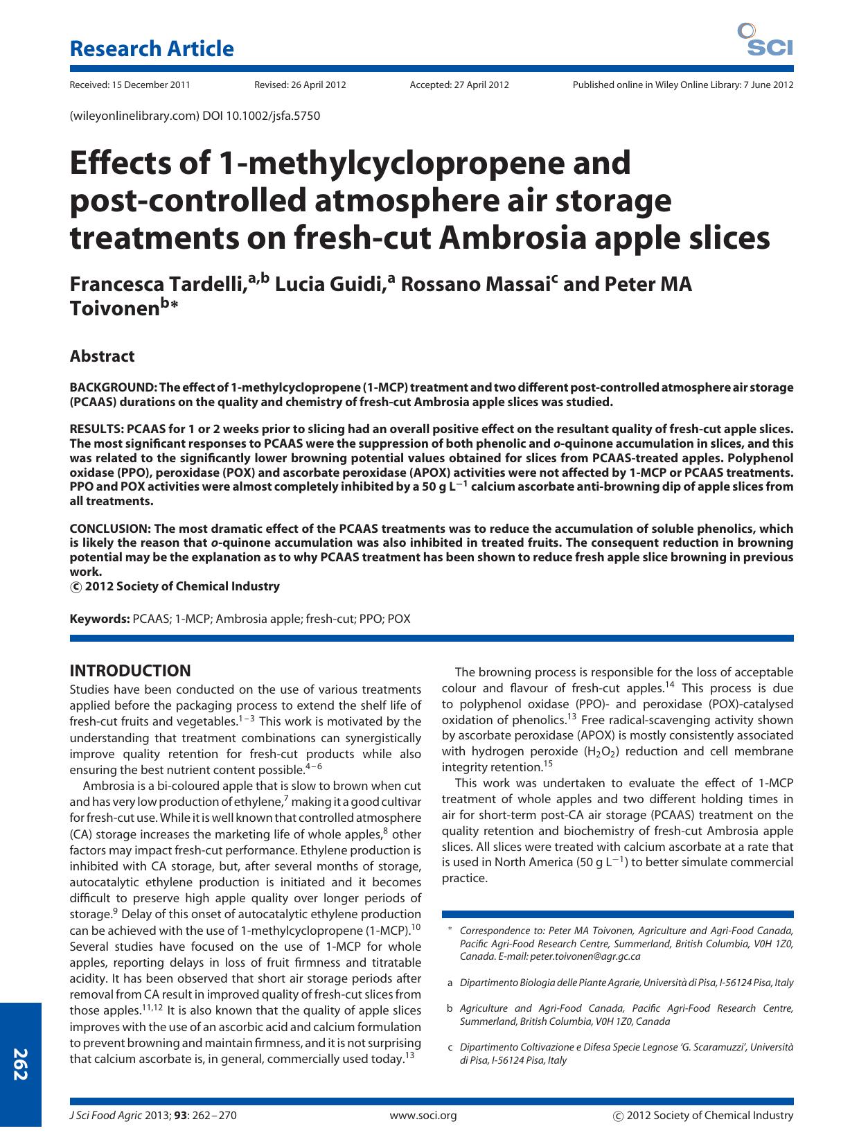 Effects of 1methylcyclopropene and postcontrolled atmosphere air storage treatments on freshcut Ambrosia apple slices by Unknown