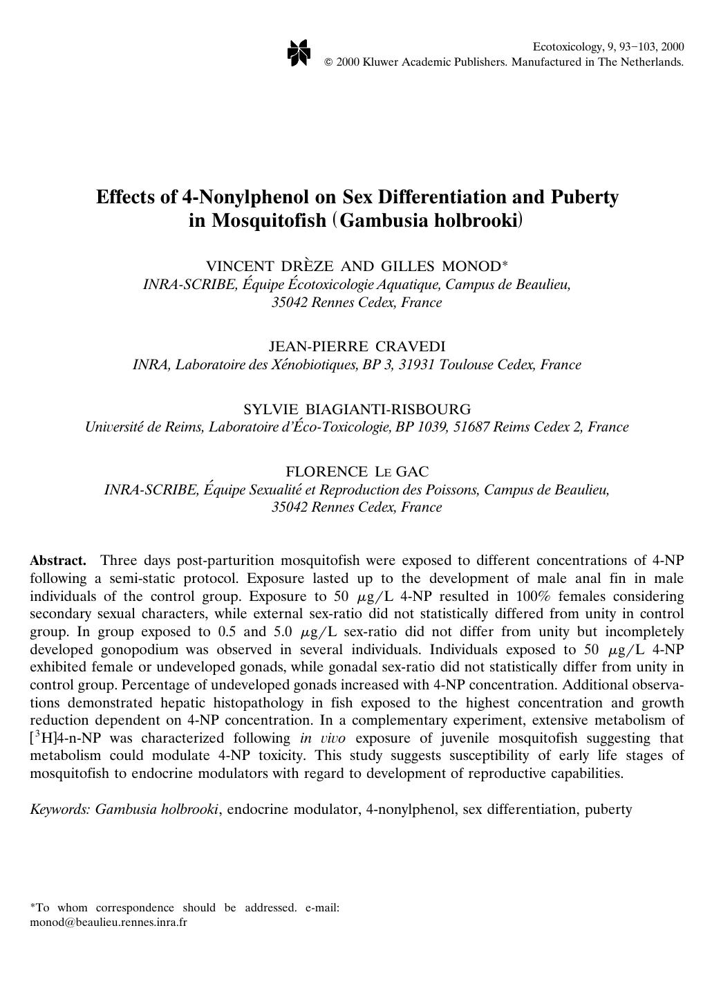 Effects of 4-Nonylphenol on Sex Differentiation and Puberty in Mosquitofish (Gambusia holbrooki) by Unknown