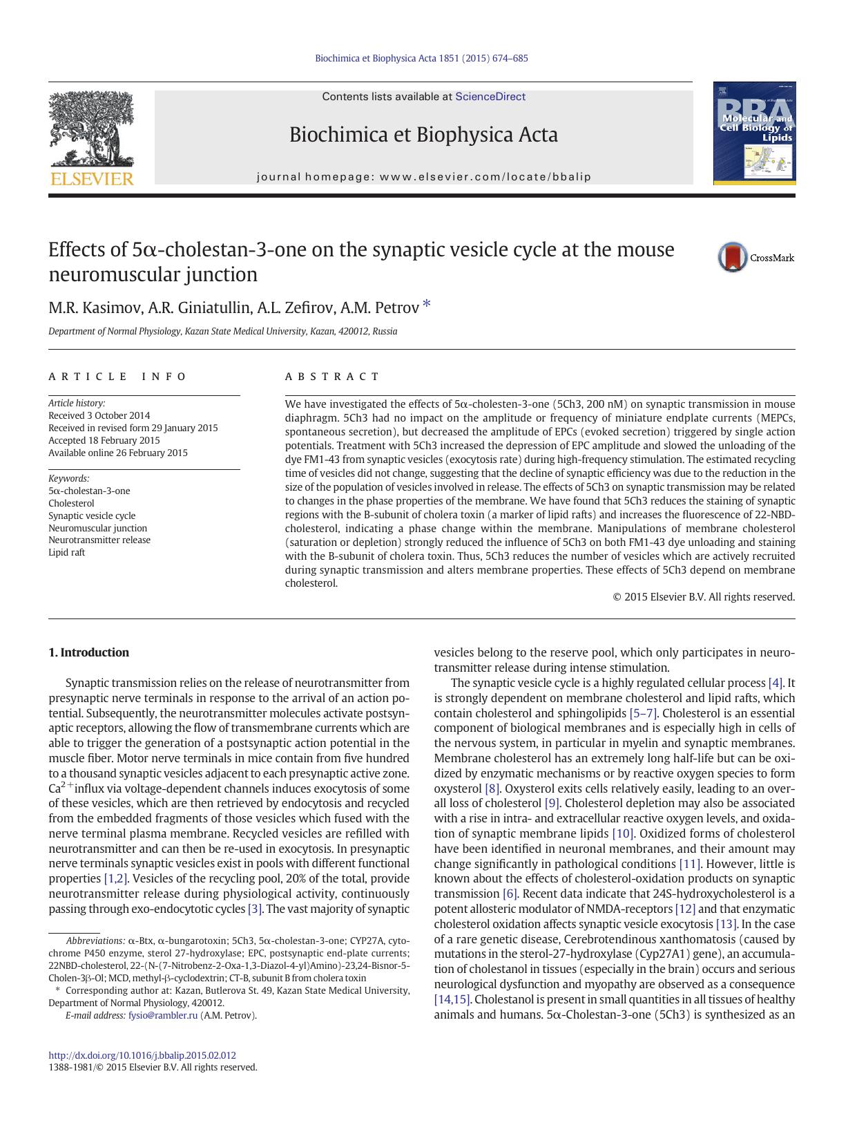 Effects of 5Î±-cholestan-3-one on the synaptic vesicle cycle at the mouse neuromuscular junction by M.R. Kasimov & A.R. Giniatullin & A.L. Zefirov & A.M. Petrov