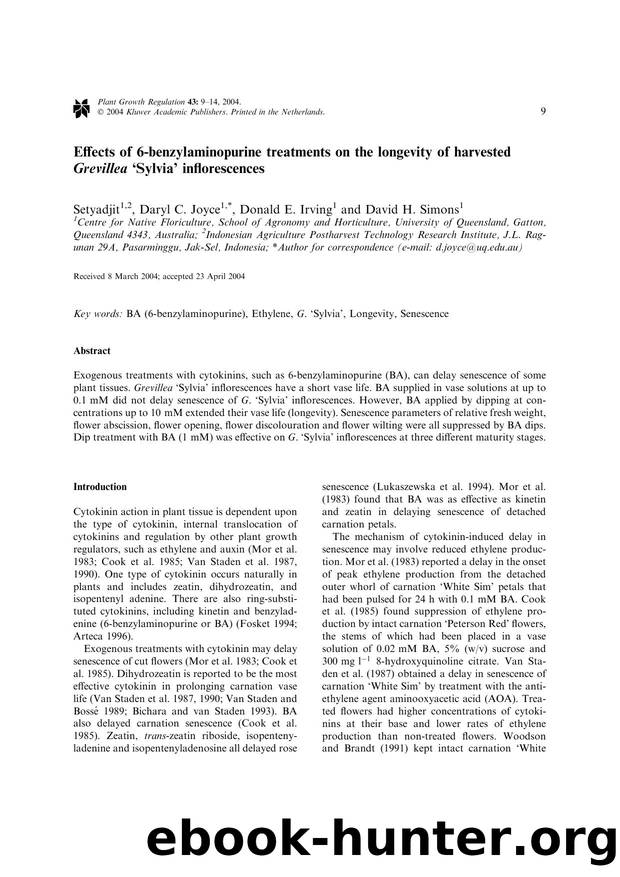 Effects of 6-benzylaminopurine treatments on the longevity of harvested Grevillea 'Sylvia' inflorescences by Unknown