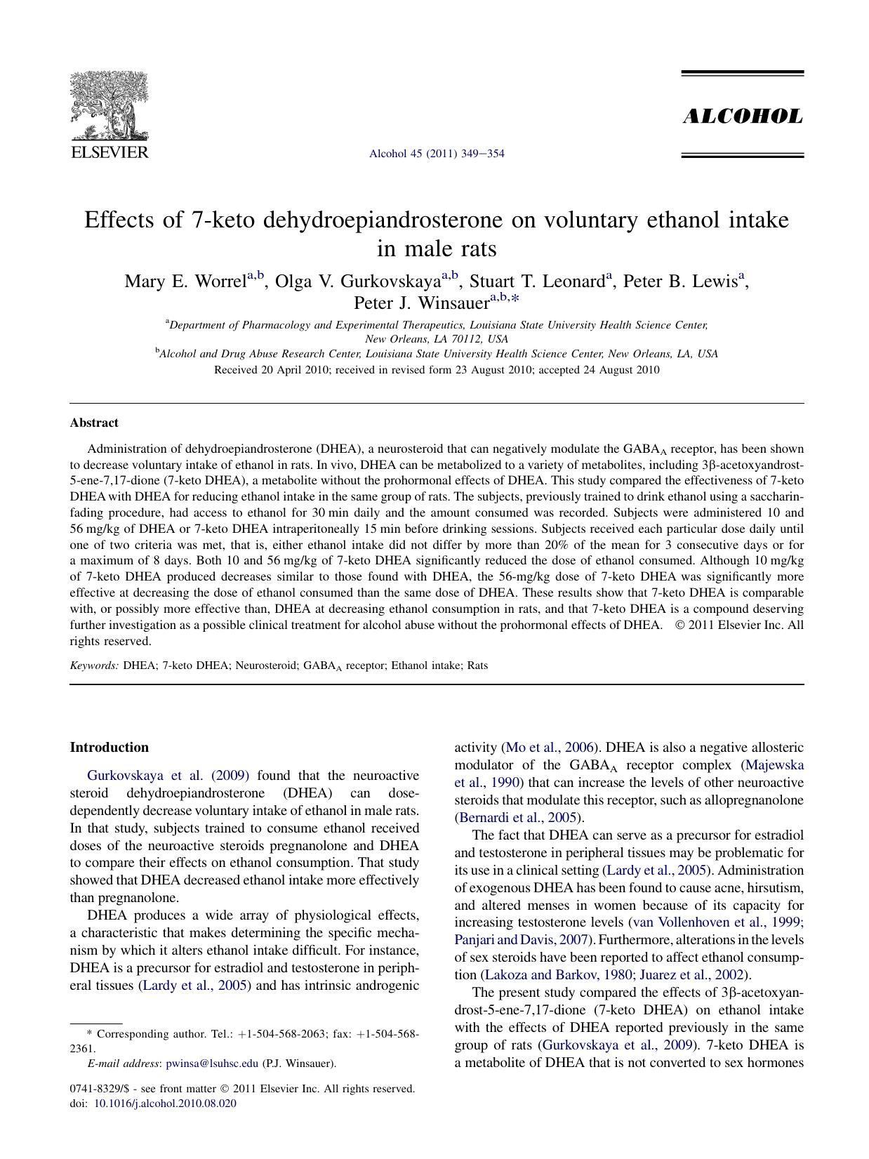 Effects of 7-keto dehydroepiandrosterone on voluntary ethanol intake in male rats by Mary E. Worrel & Olga V. Gurkovskaya & Stuart T. Leonard & Peter B. Lewis & Peter J. Winsauer