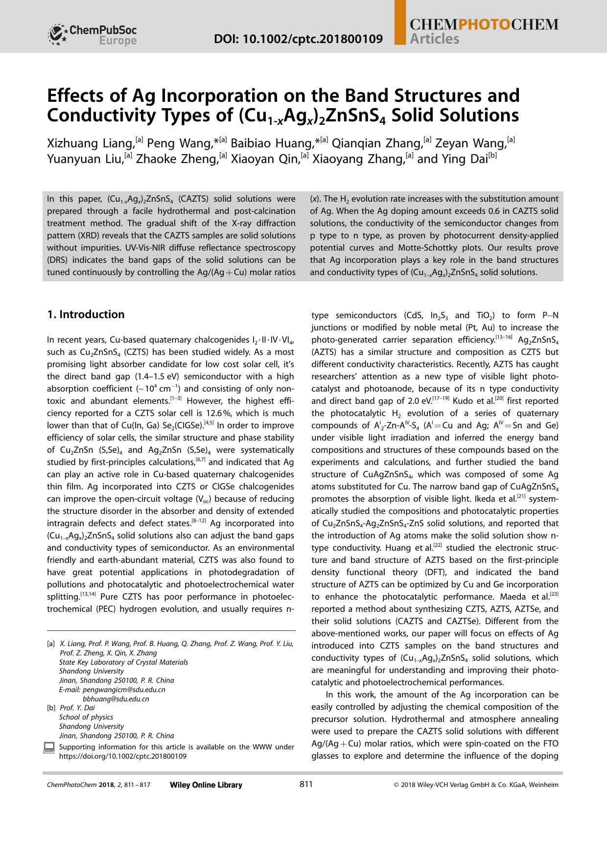 Effects of Ag Incorporation on the Band Structures and Conductivity Types of (Cu1âxAgx)2ZnSnS4 Solid Solutions by Unknown