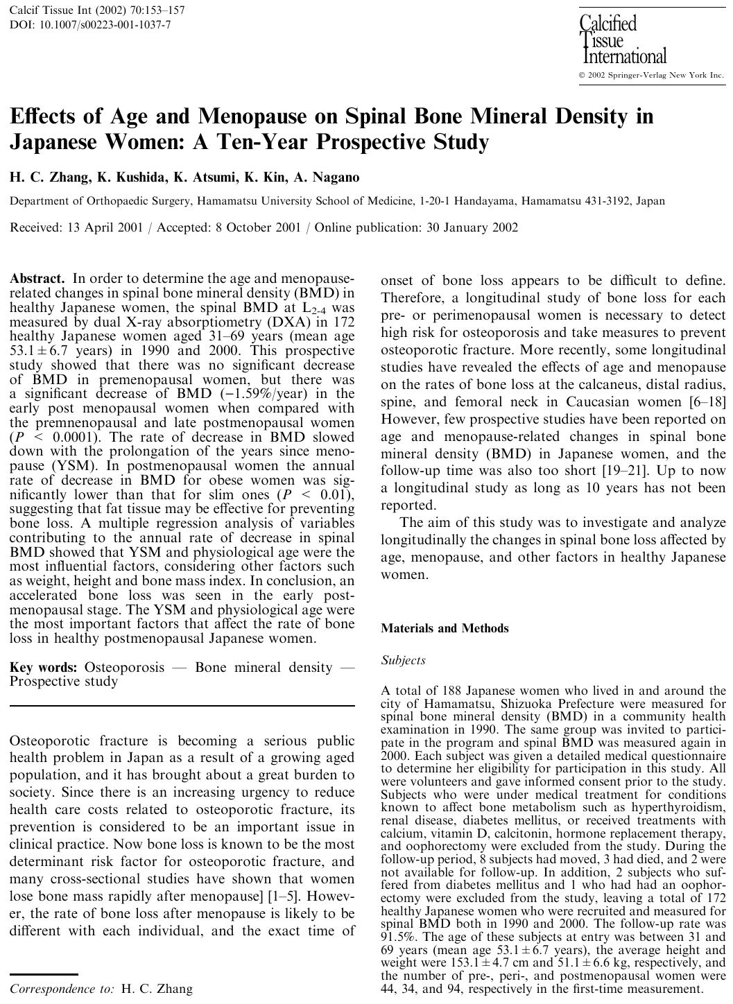 Effects of Age and Menopause on Spinal Bone Mineral Density in Japanese Women: A Ten-Year Prospective Study by Zhang H.C. et al