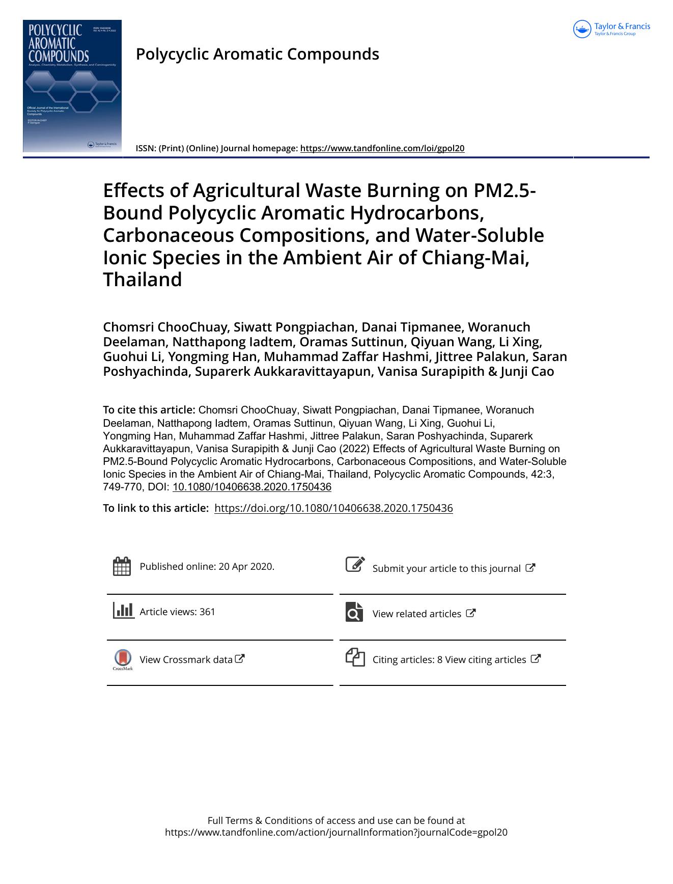 Effects of Agricultural Waste Burning on PM2.5-Bound Polycyclic Aromatic Hydrocarbons, Carbonaceous Compositions, and Water-Soluble Ionic Species in the Ambient Air of Chiang-Mai, Thailand by unknow