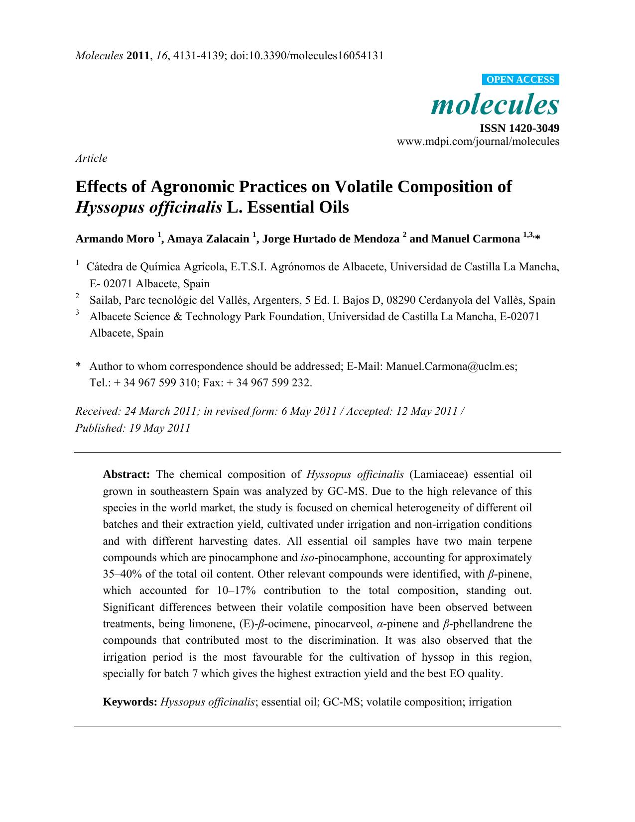 Effects of Agronomic Practices on Volatile Composition of Hyssopus officinalis L. Essential Oils by Armando Moro & Amaya Zalacain & Jorge Hurtado de Mendoza & Manuel Carmona
