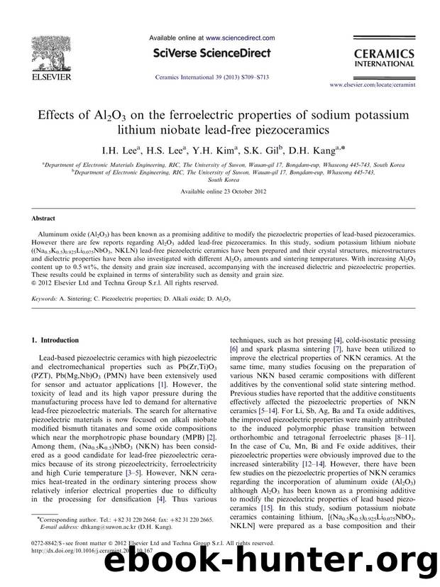 Effects of Al2O3 on the ferroelectric properties of sodium potassium lithium niobate lead-free piezoceramics by I.H. Lee & H.S. Lee & Y.H. Kim & S.K. Gil & D.H. Kang