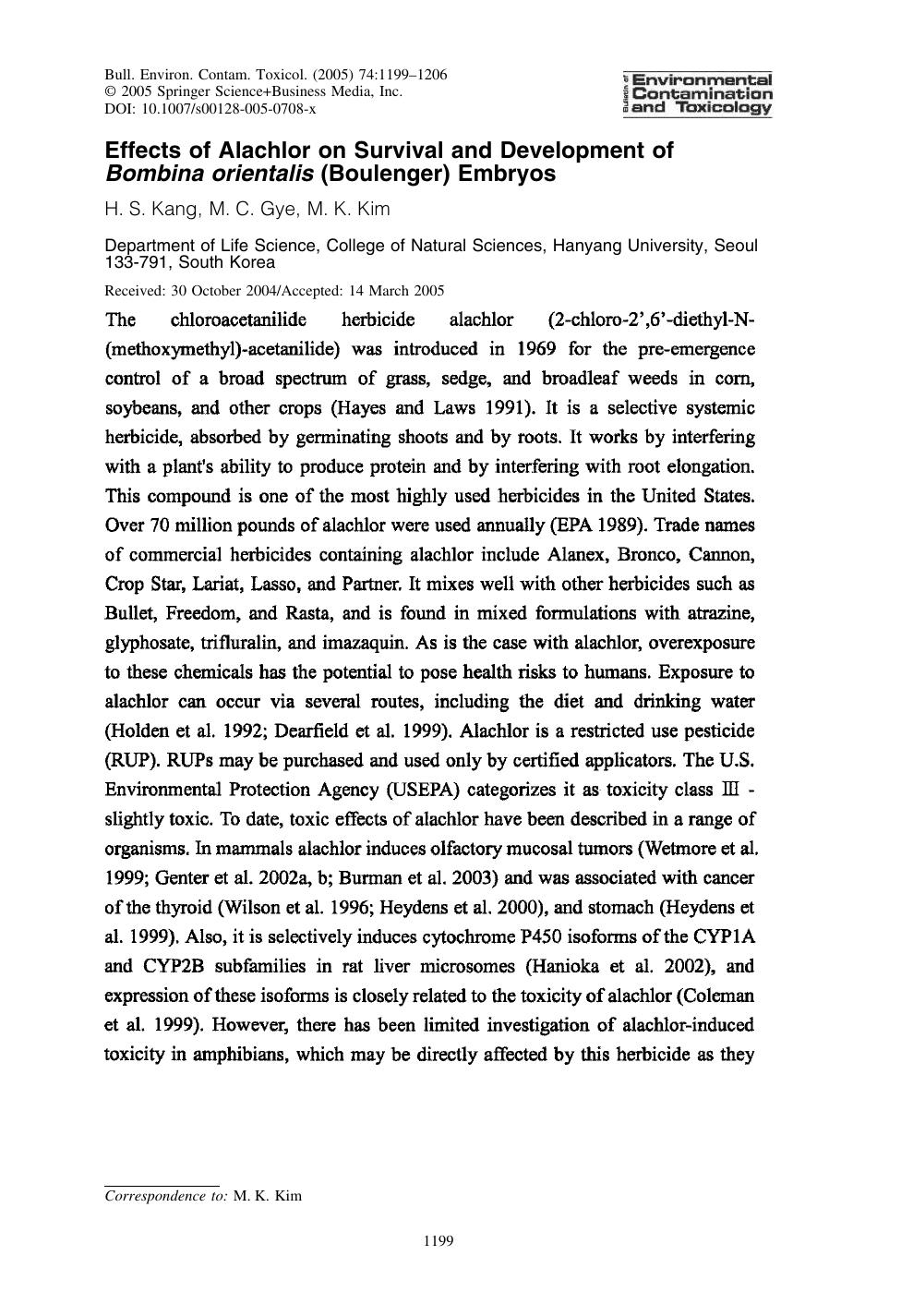 Effects of Alachlor on Survival and Development of Bombina orientalis (Boulenger) Embryos by Kang H.S.; et al