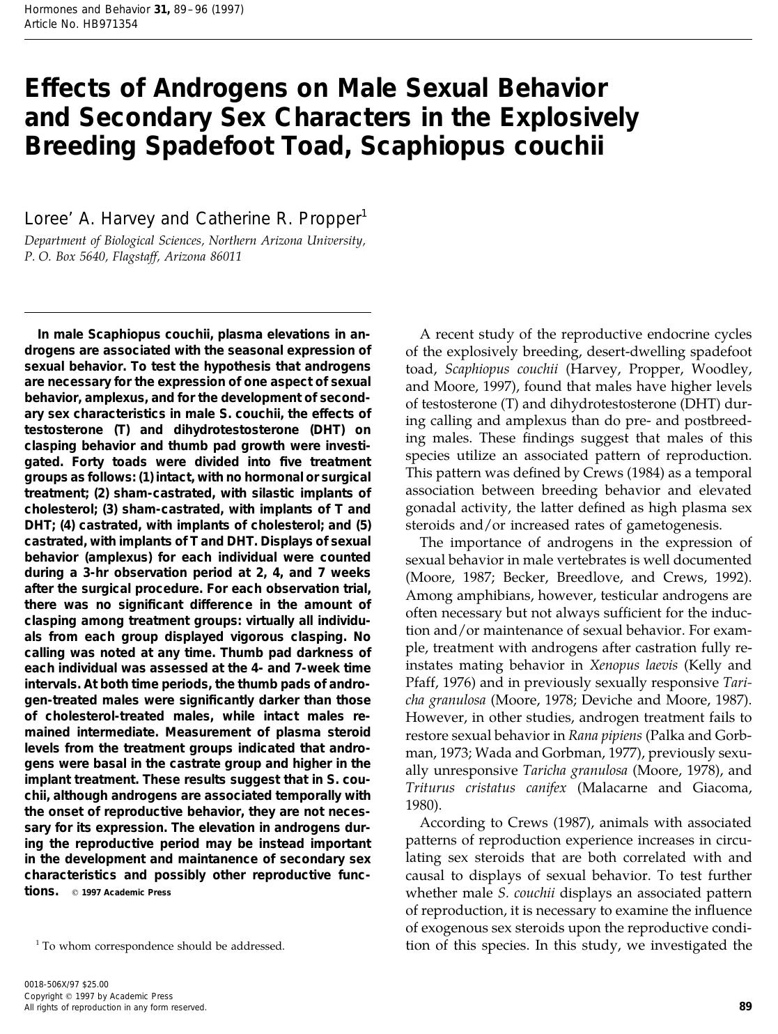 Effects of Androgens on Male Sexual Behavior and Secondary Sex Characters in the Explosively Breeding Spadefoot Toad, Scaphiopus couchii by Harvey Loree' A. et al
