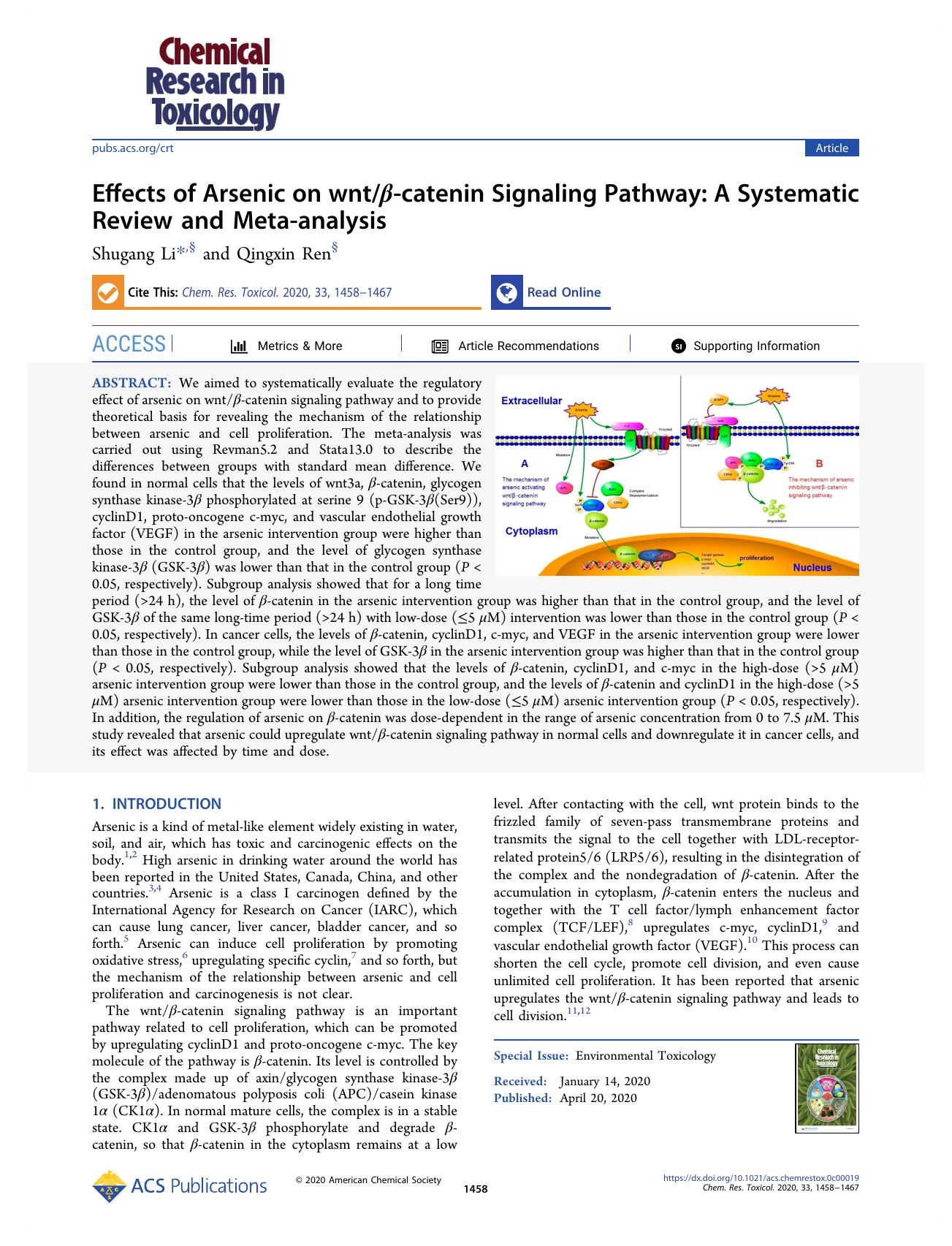 Effects of Arsenic on wntÎ²-catenin Signaling Pathway: A Systematic Review and Meta-analysis by Shugang Li and Qingxin Ren