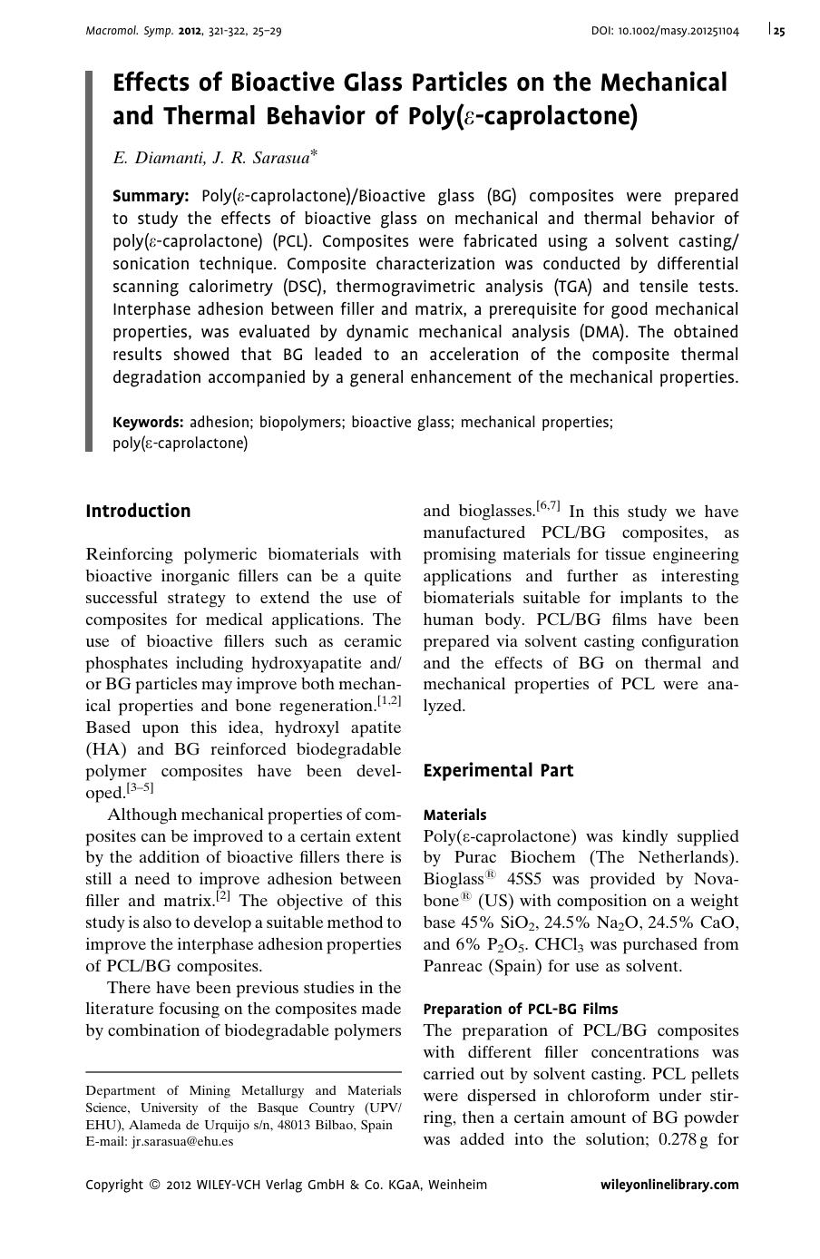 Effects of Bioactive Glass Particles on the Mechanical and Thermal Behavior of Poly(caprolactone) by Unknown