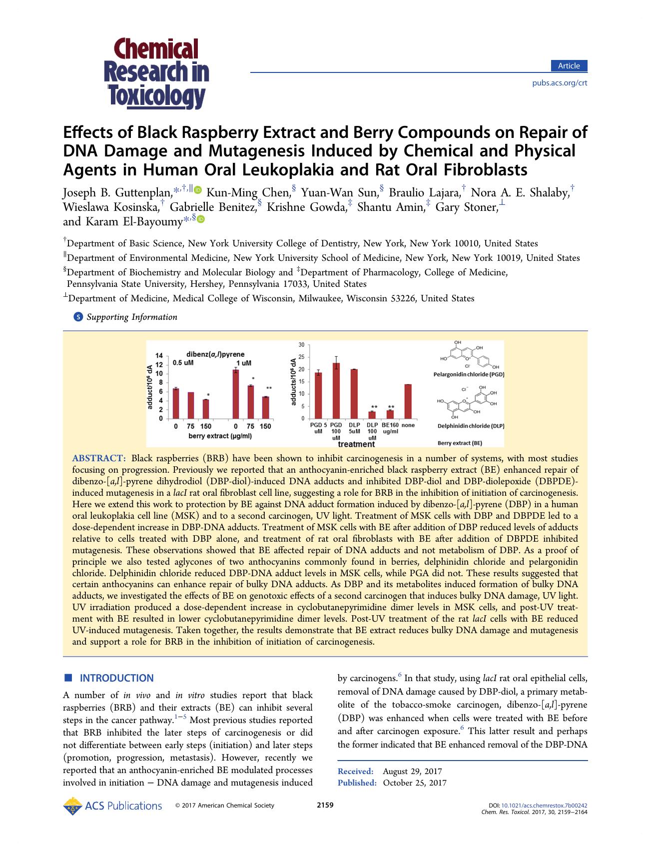 Effects of Black Raspberry Extract and Berry Compounds on Repair of DNA Damage and Mutagenesis Induced by Chemical and Physical Agents in Human Oral Leukoplakia and Rat Oral Fibroblasts by unknow