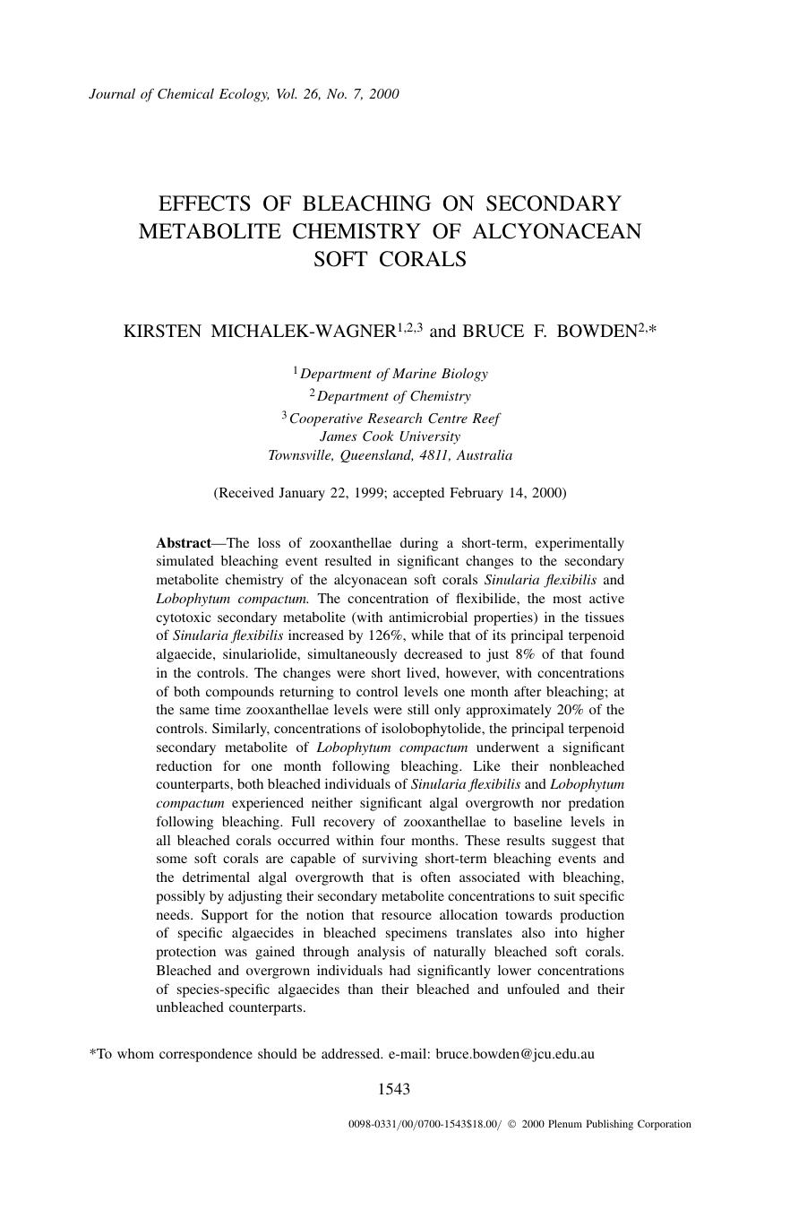 Effects of Bleaching on Secondary Metabolite Chemistry of Alcyonacean Soft Corals by Unknown