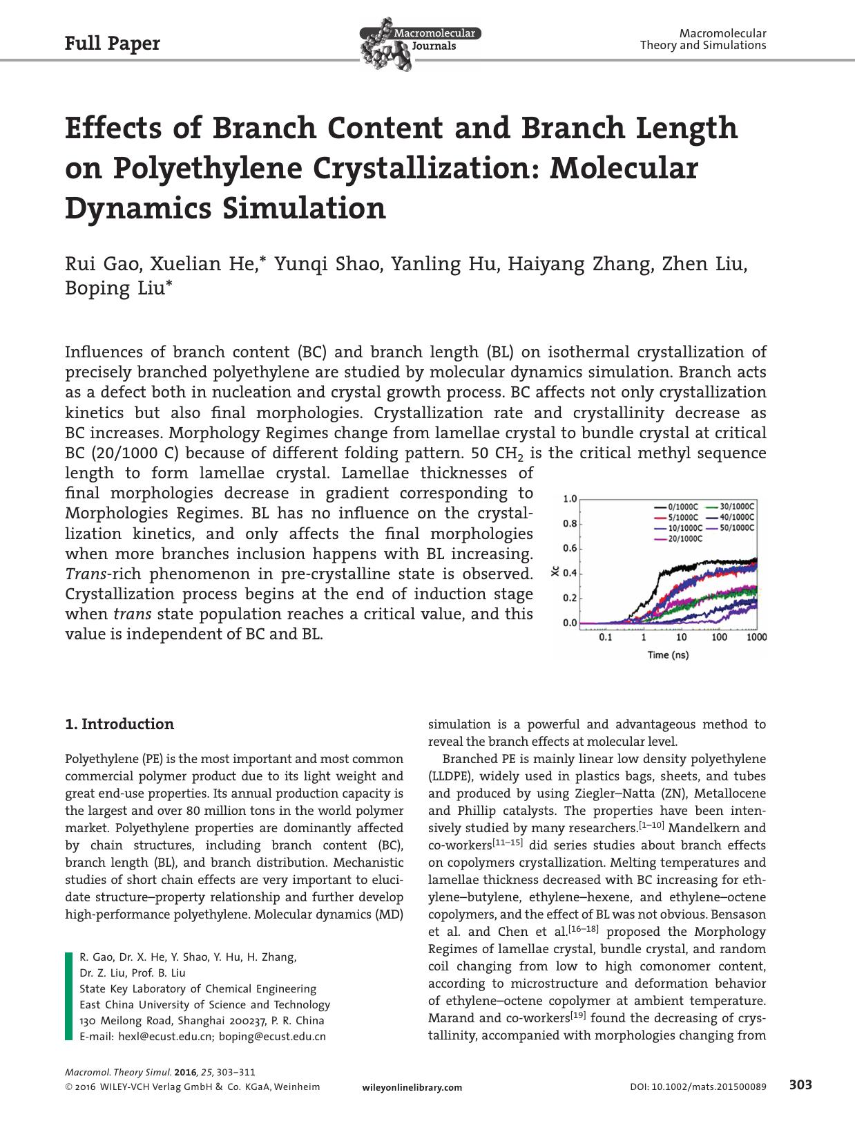 Effects of Branch Content and Branch Length on Polyethylene Crystallization: Molecular Dynamics Simulation by Unknown